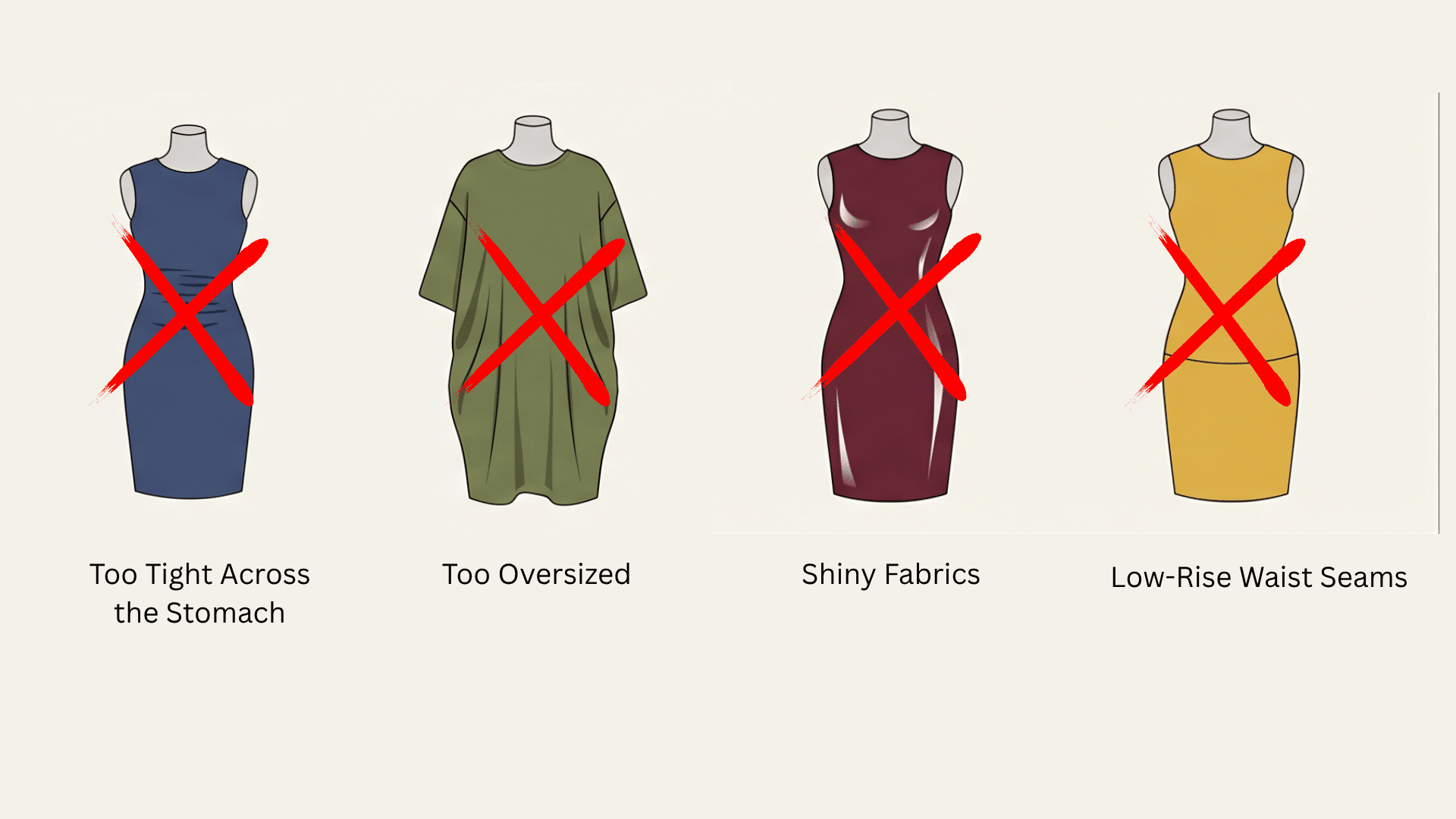 poster showing four dress fit issues including tight stomach fit, oversized shape, shiny fabric, and low waist seam