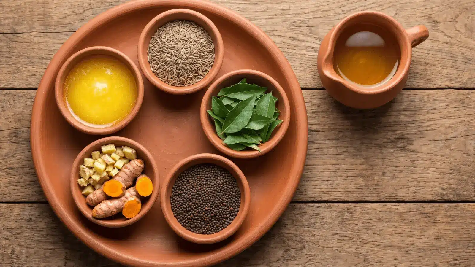 terracotta plate with small clay bowls filled with ghee, cumin, turmeric, ginger, curry leaves, and mustard seeds