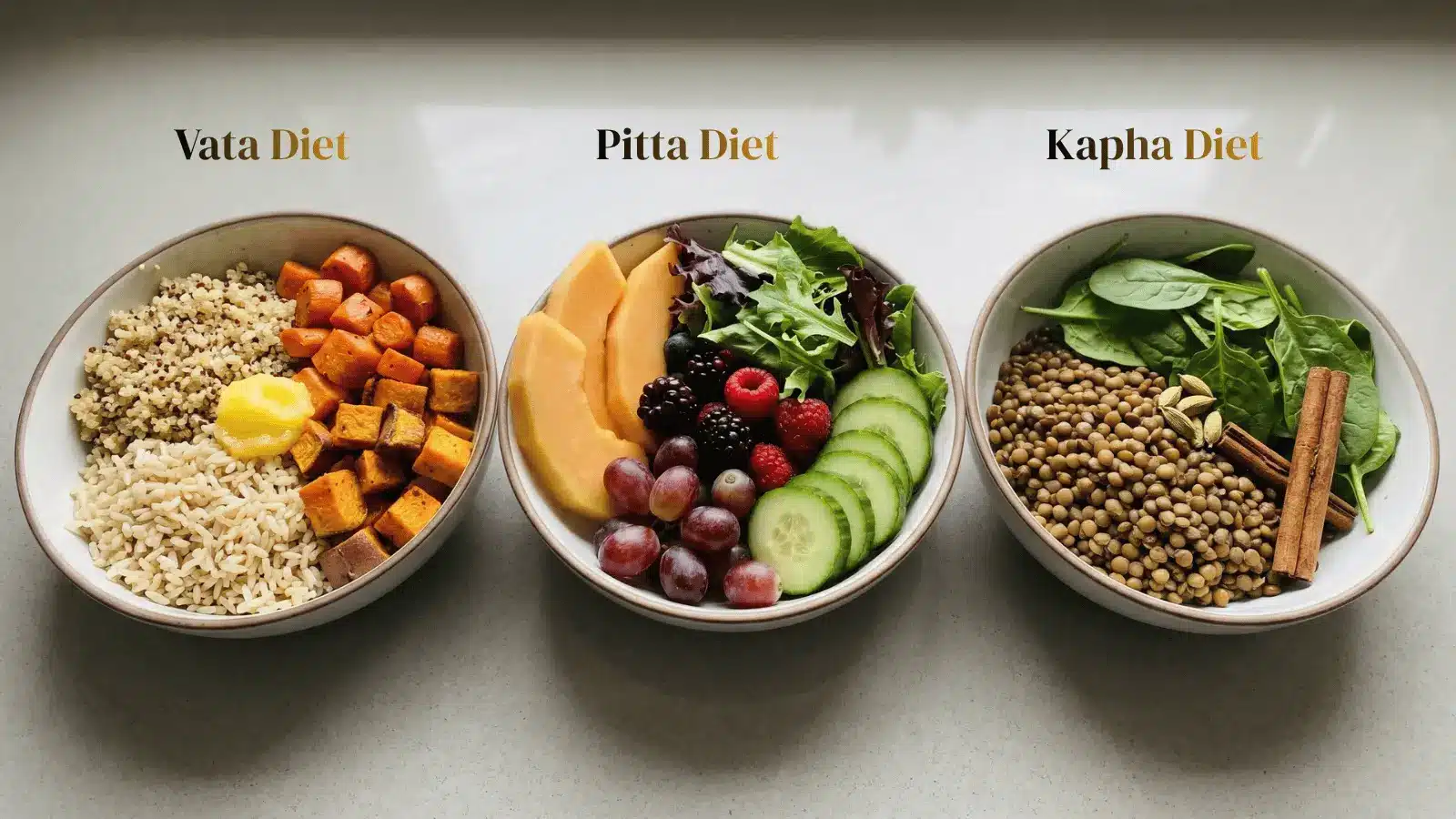three food groupings showing warm grains and ghee, fresh fruits and greens, and lentils with spices on a neutral surface