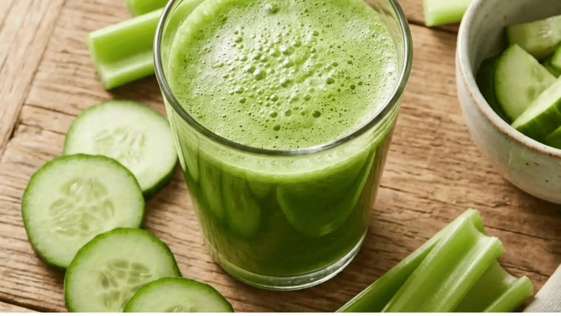 Top view of green juice with sliced cucumber and celery on a wooden table