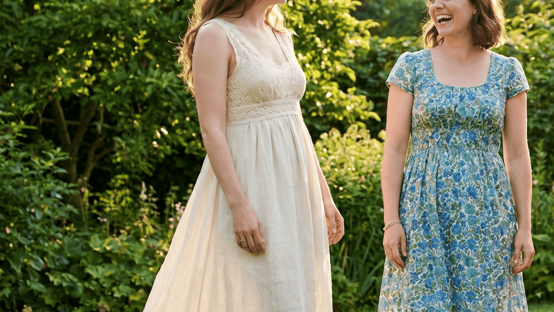 Two woman wearing an empire waist dress with a high waistline under the bust and loose fabric over the midsection (3)