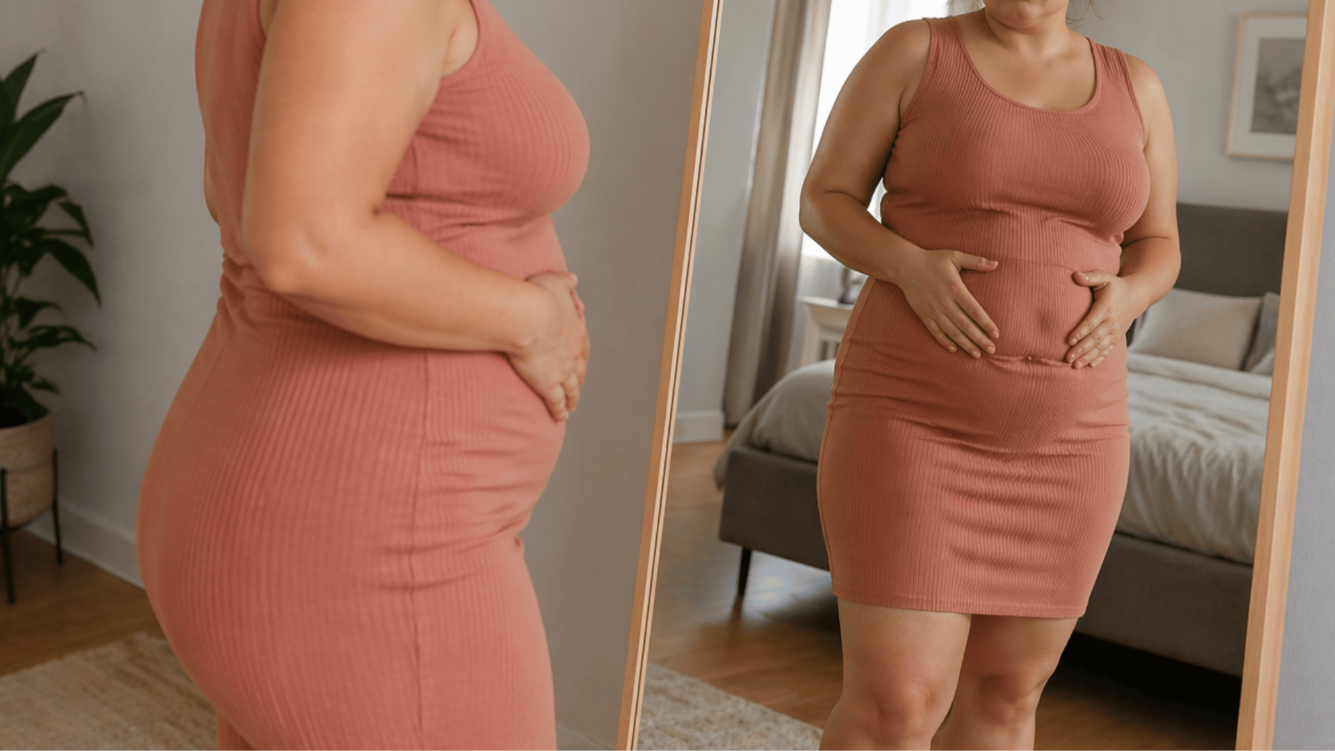 Woman in a bodycon dress standing in front of a bedroom mirror with hands placed on her stomach