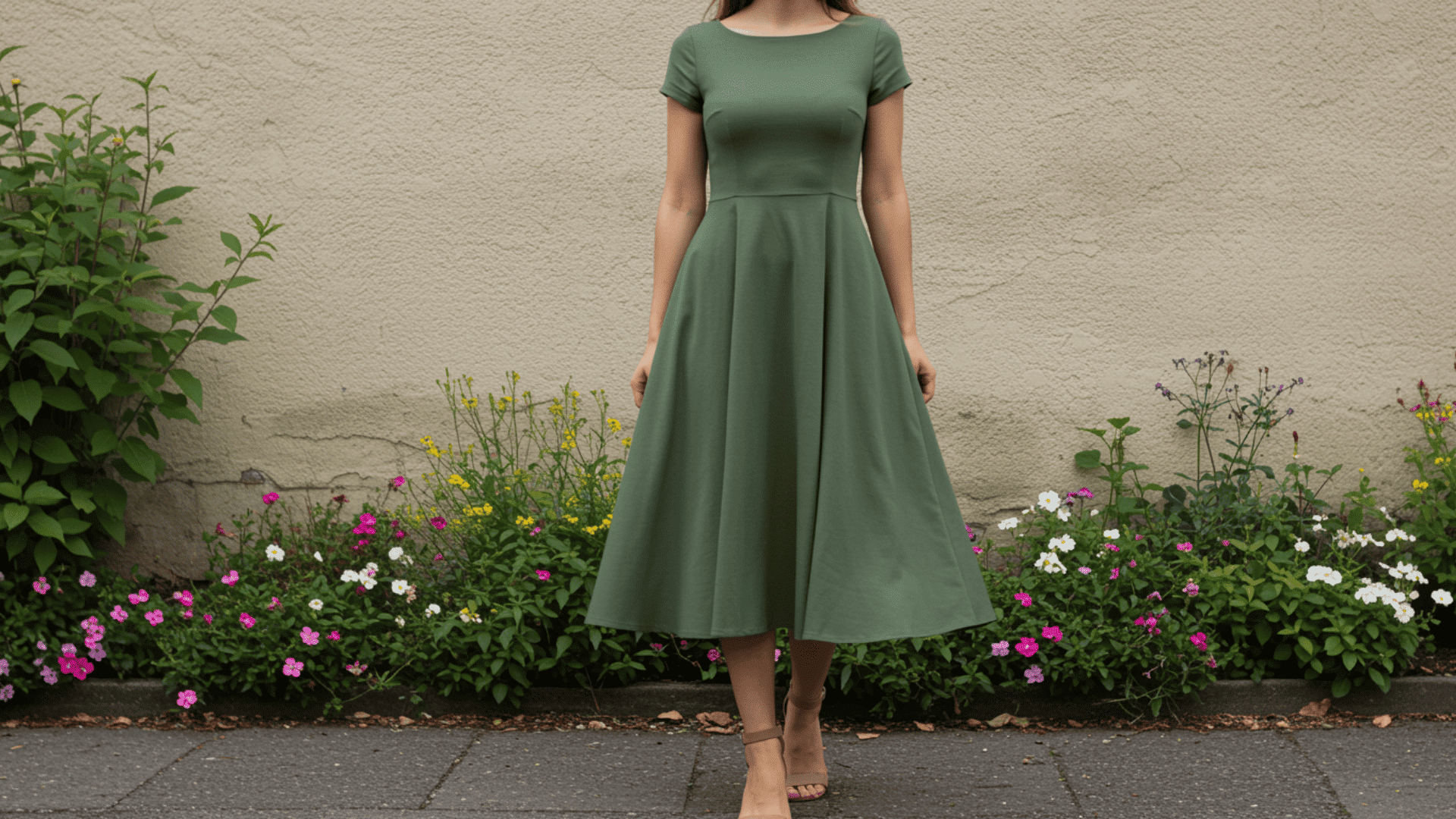 woman in ankle-length A-line dress standing outdoors near wall and plants