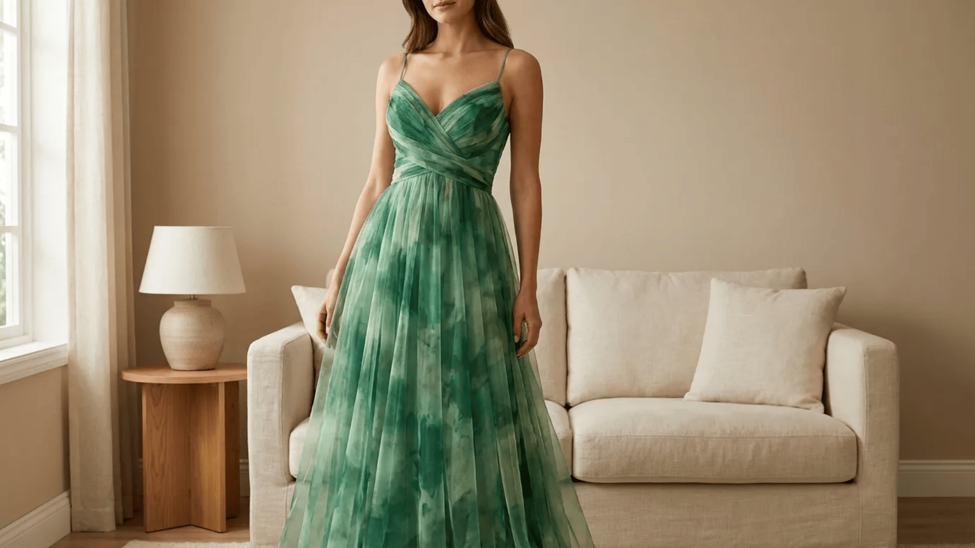 woman in green maxi dress with pleated skirt and fitted bodice standing indoors near sofa and lamp
