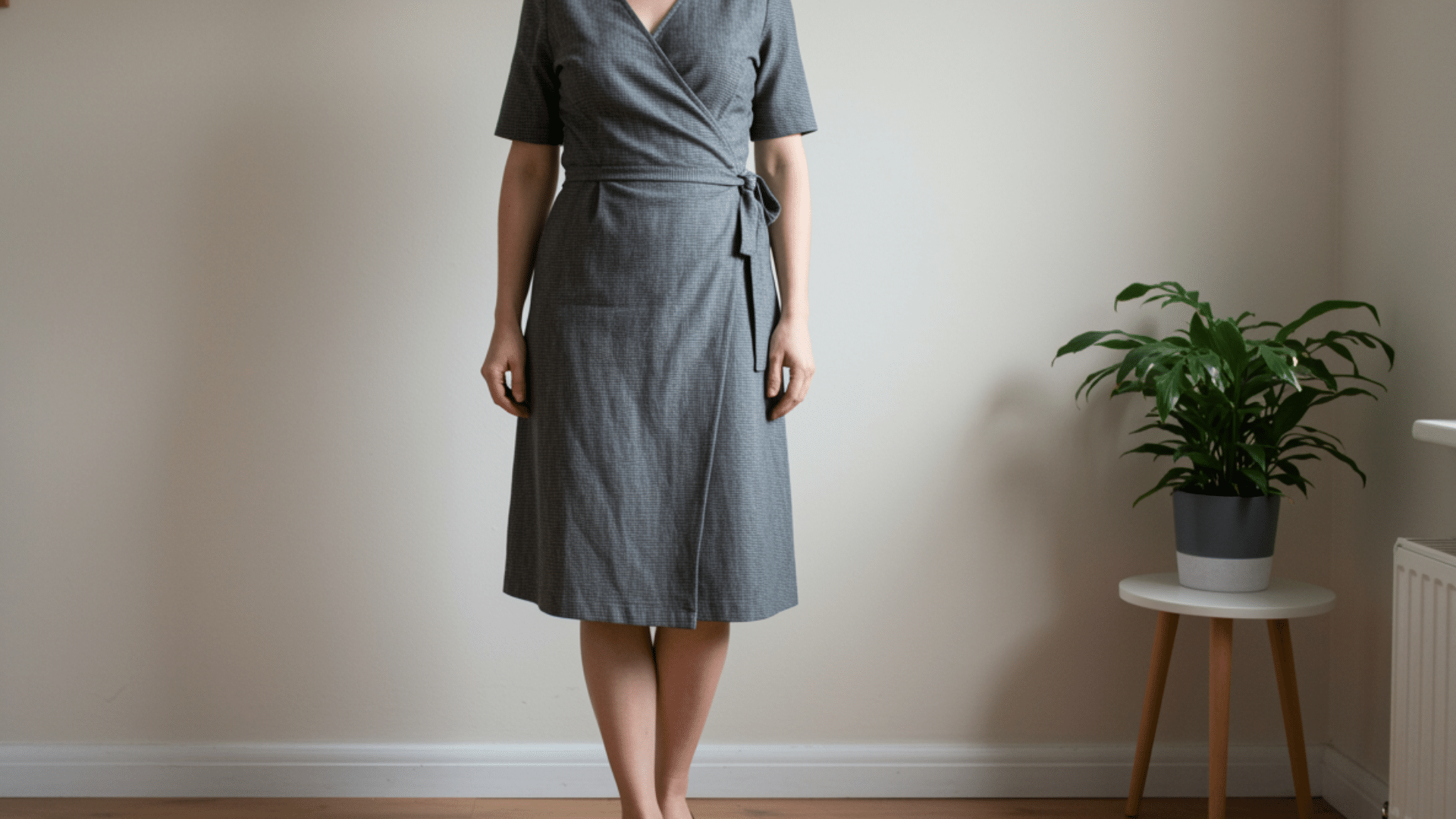 Woman wearing a knee-length wrap dress with a tied waist and diagonal front panel