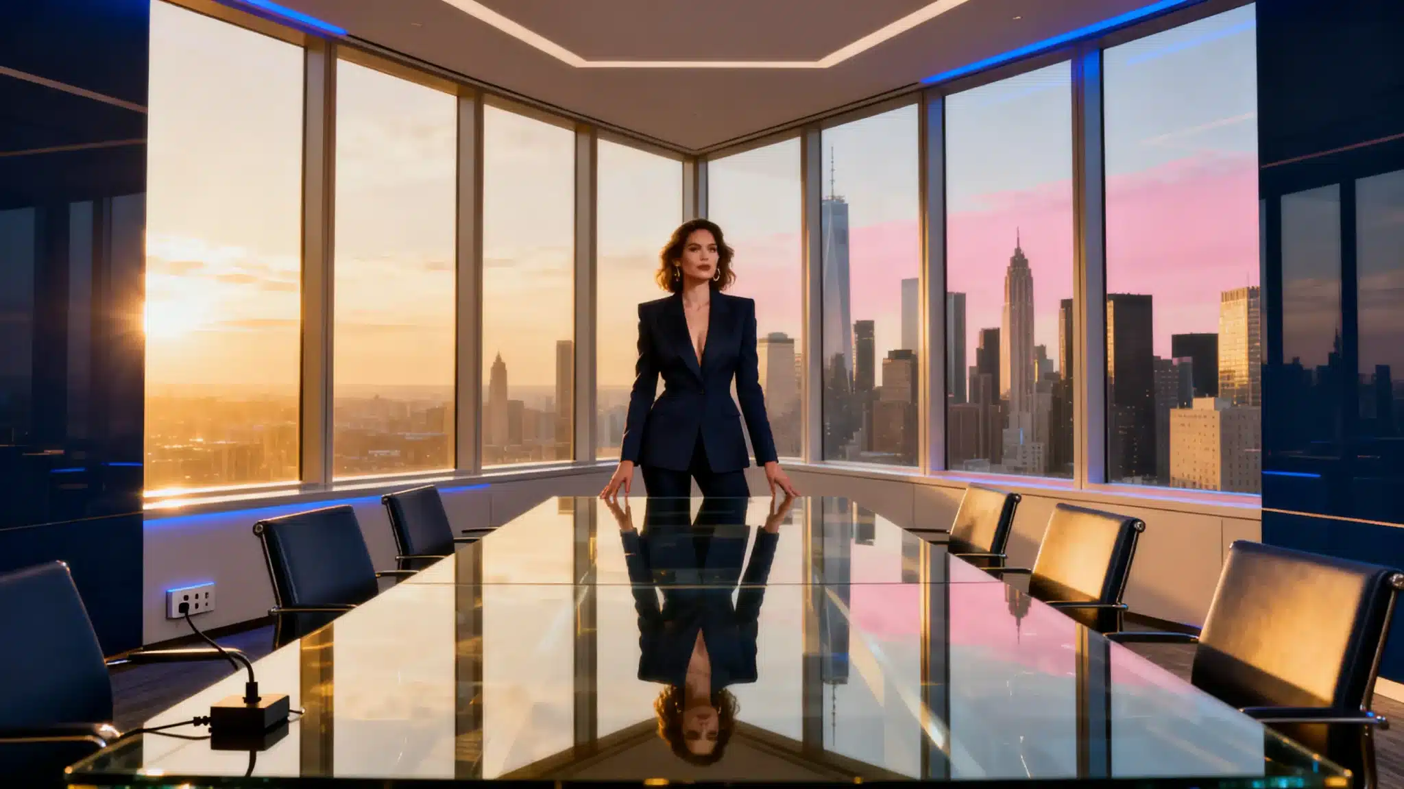 Person in blue suit standing at glass conference table in modern high-rise office at sunset
