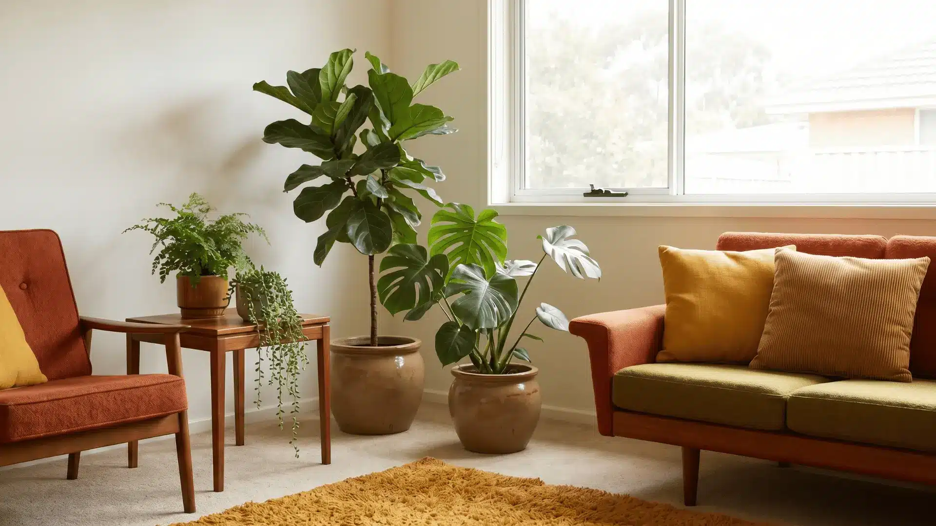 70s style living room with a few indoor plants in ceramic pots and a macramé hanging planter placed naturally in the space
