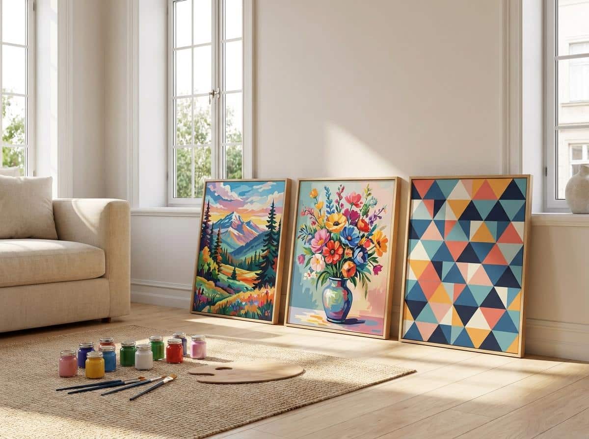 A collection of finished paint-by-numbers canvases