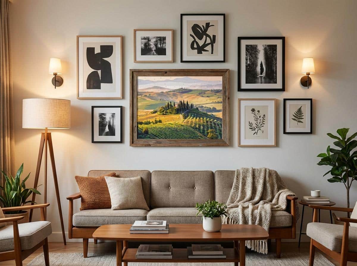 A framed completed paint-by-numbers canvas on a gallery wall