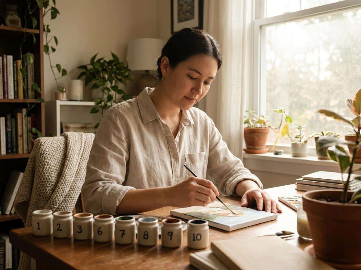 A person painting at a wooden desk with numbered paint pots