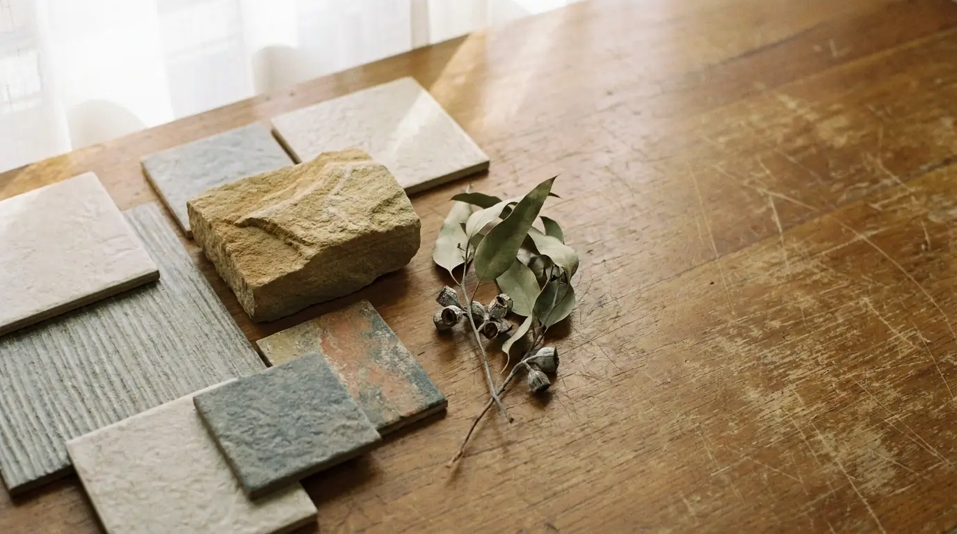 Stone tile samples and eucalyptus branch on wooden table in natural light