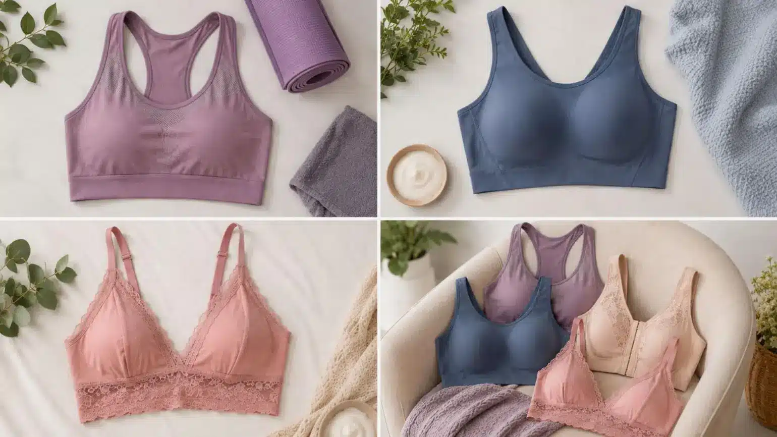 Variety of bras in soft tones displayed with textured blankets and plants on a light background