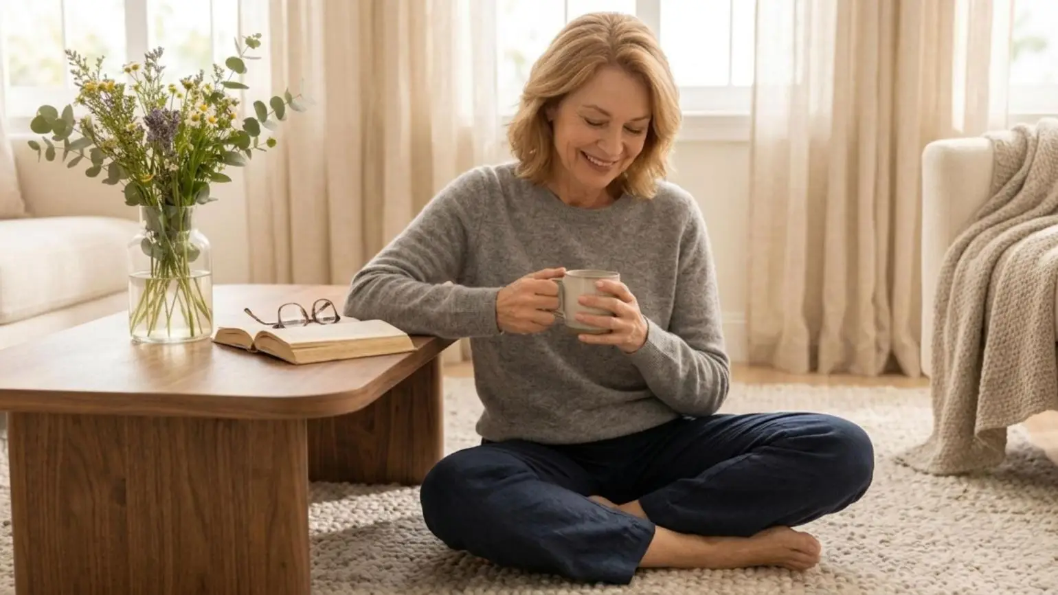Woman sitting cross-legged on carpet holding mug, with book and flowers on wooden table