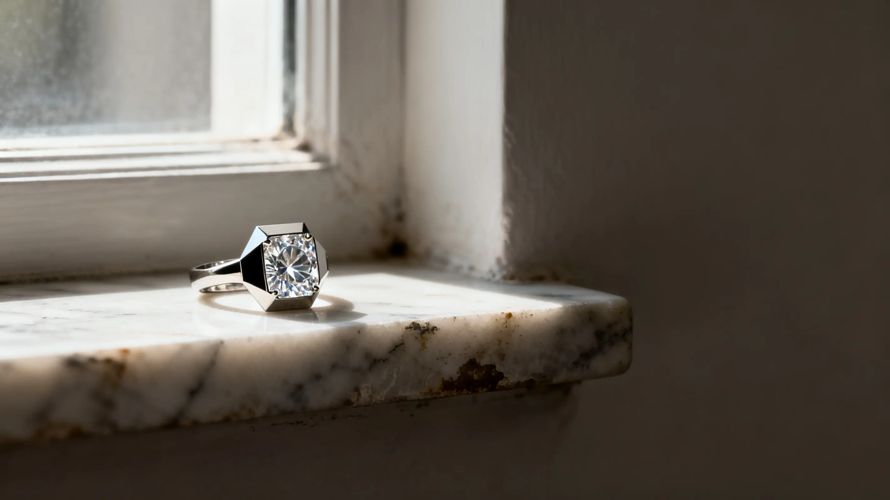 Silver diamond ring on a marble windowsill illuminated by soft natural light