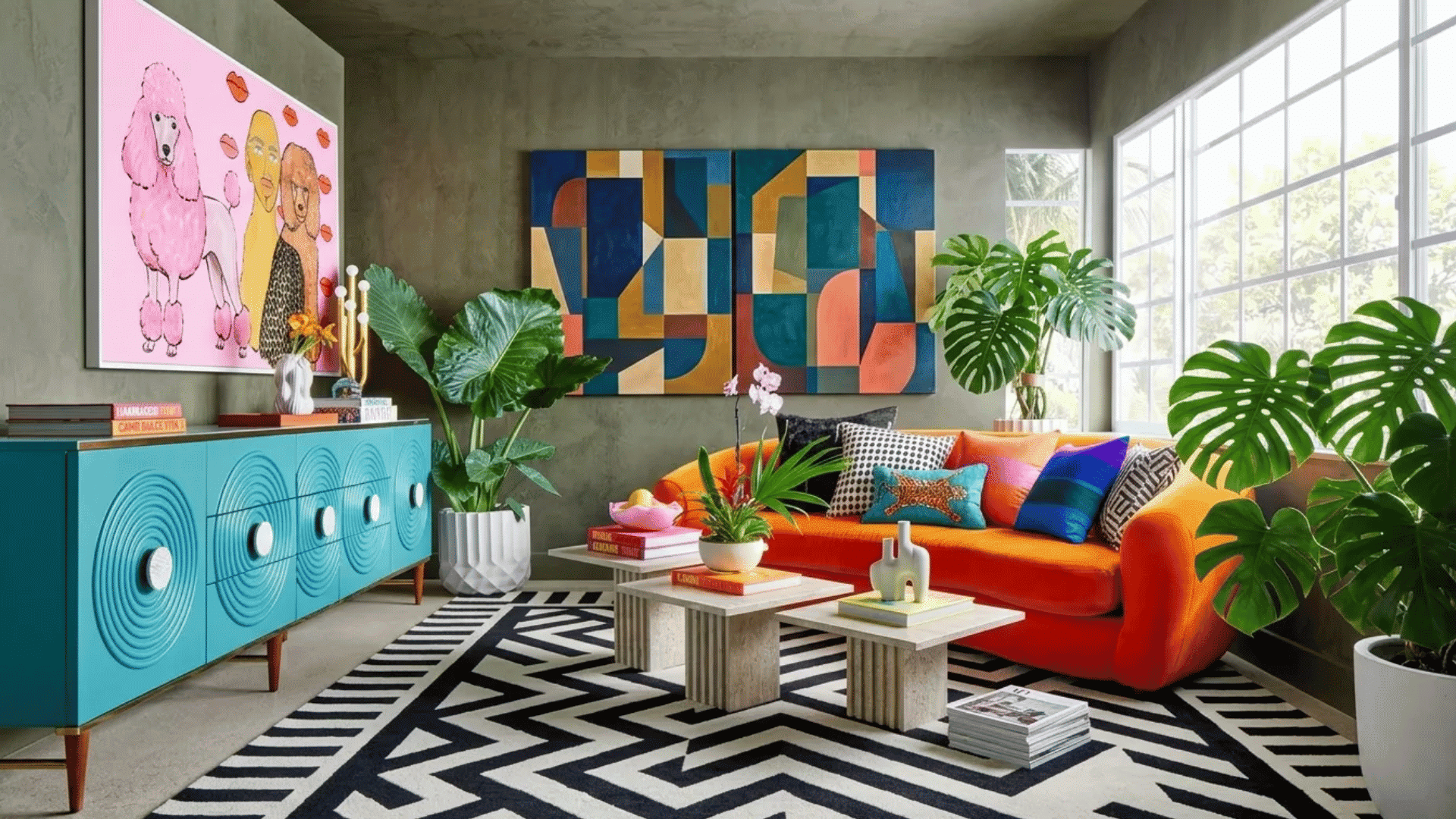 Bold eclectic apartment interior with vibrant colors, statement artwork, tropical plants, and playful décor that gives the space a lively and creative personality.