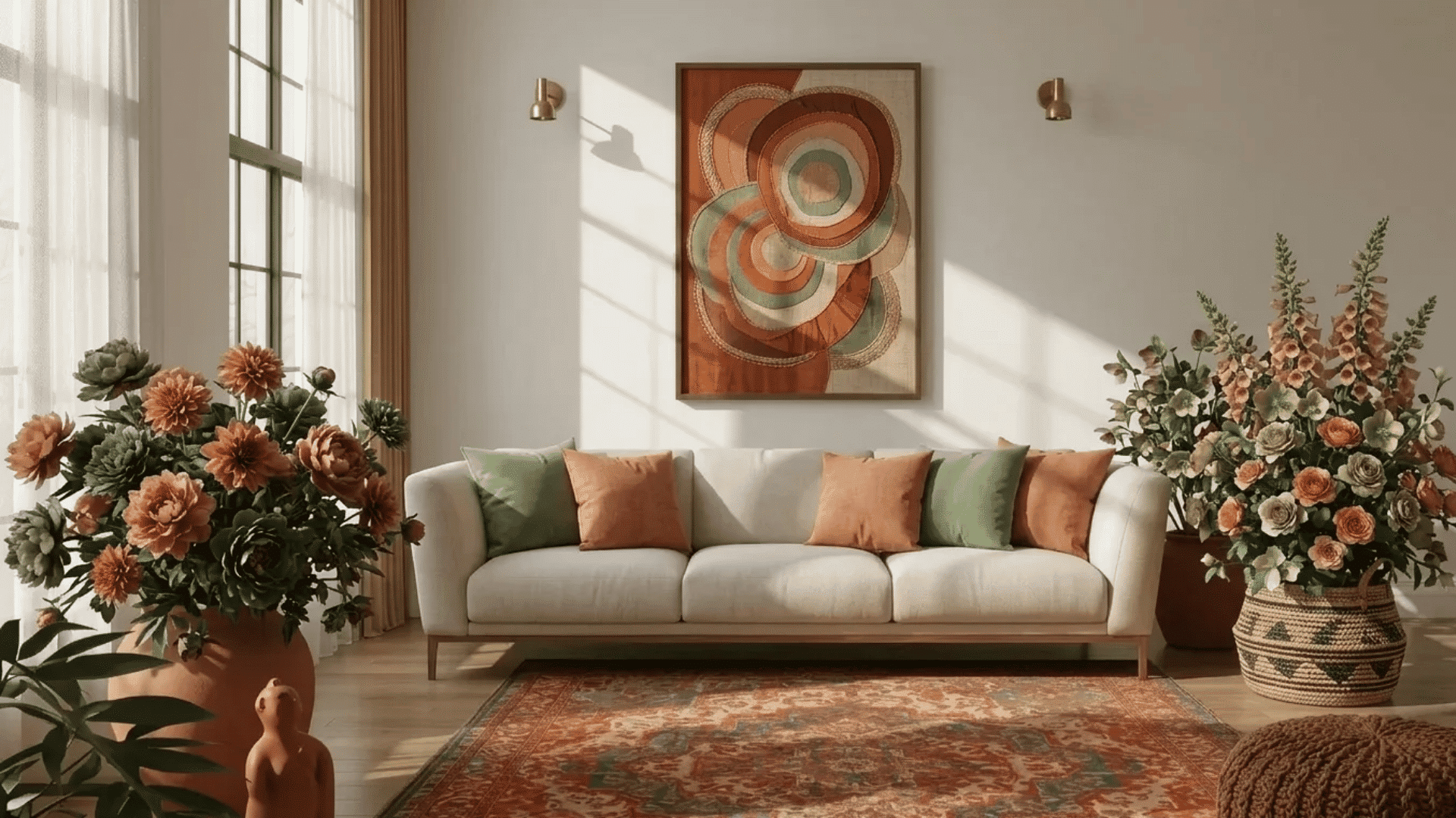 Bright living room with warm harmony, a cream sofa, earthy accent pillows, floral arrangements, patterned rug, and warm-toned wall art.