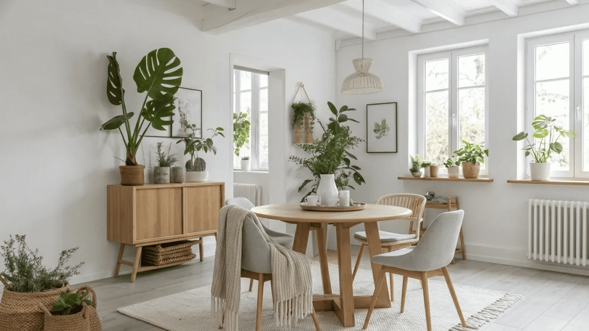 Bright Scandinavian-style apartment interior with natural wood furniture, soft neutral tones, indoor plants, and large windows that create a fresh and airy feel.
