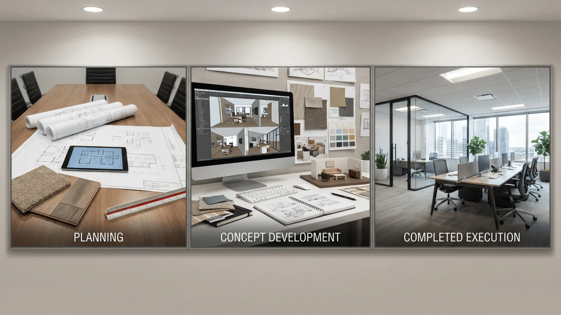 Collage showing commercial interior planning, concept development, and completed office design.