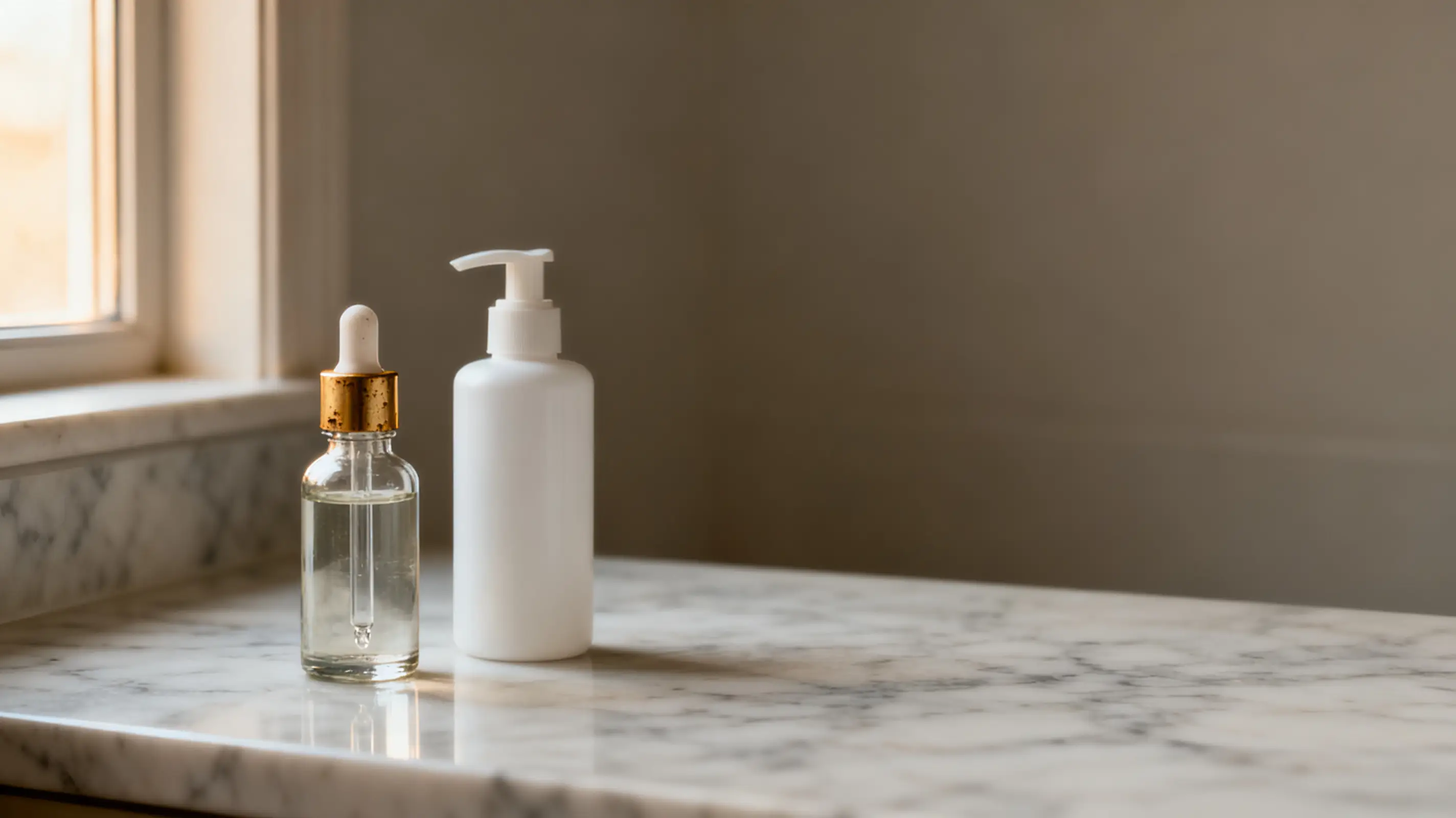 Glass dropper bottle and white pump bottle on marble countertop in soft natural light