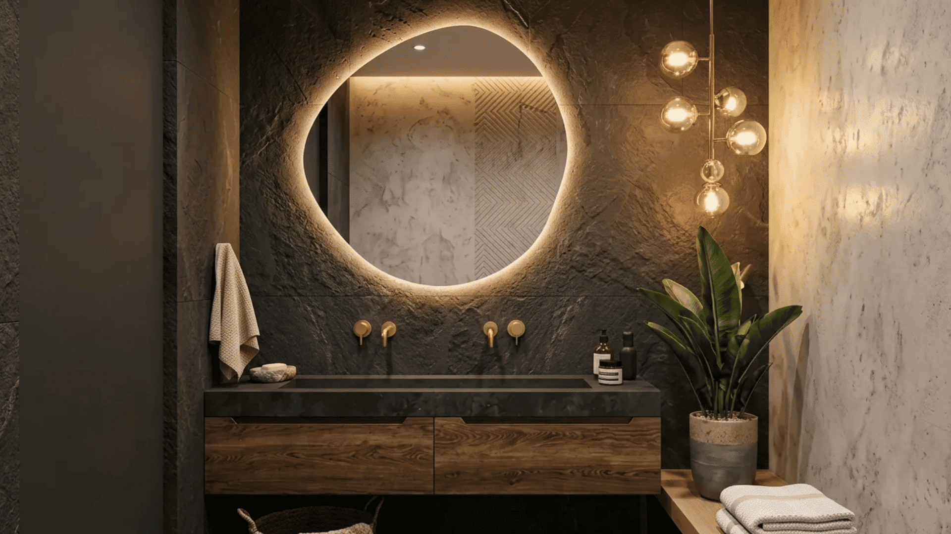 Contemporary luxury bathroom with dark stone walls, floating wood vanity, and glowing round backlit mirror.