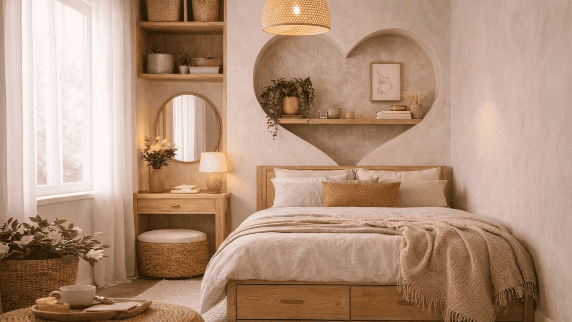 Cozy apartment bedroom with warm neutral tones, soft textures, natural wood accents, and layered lighting that creates a calm and inviting feel.