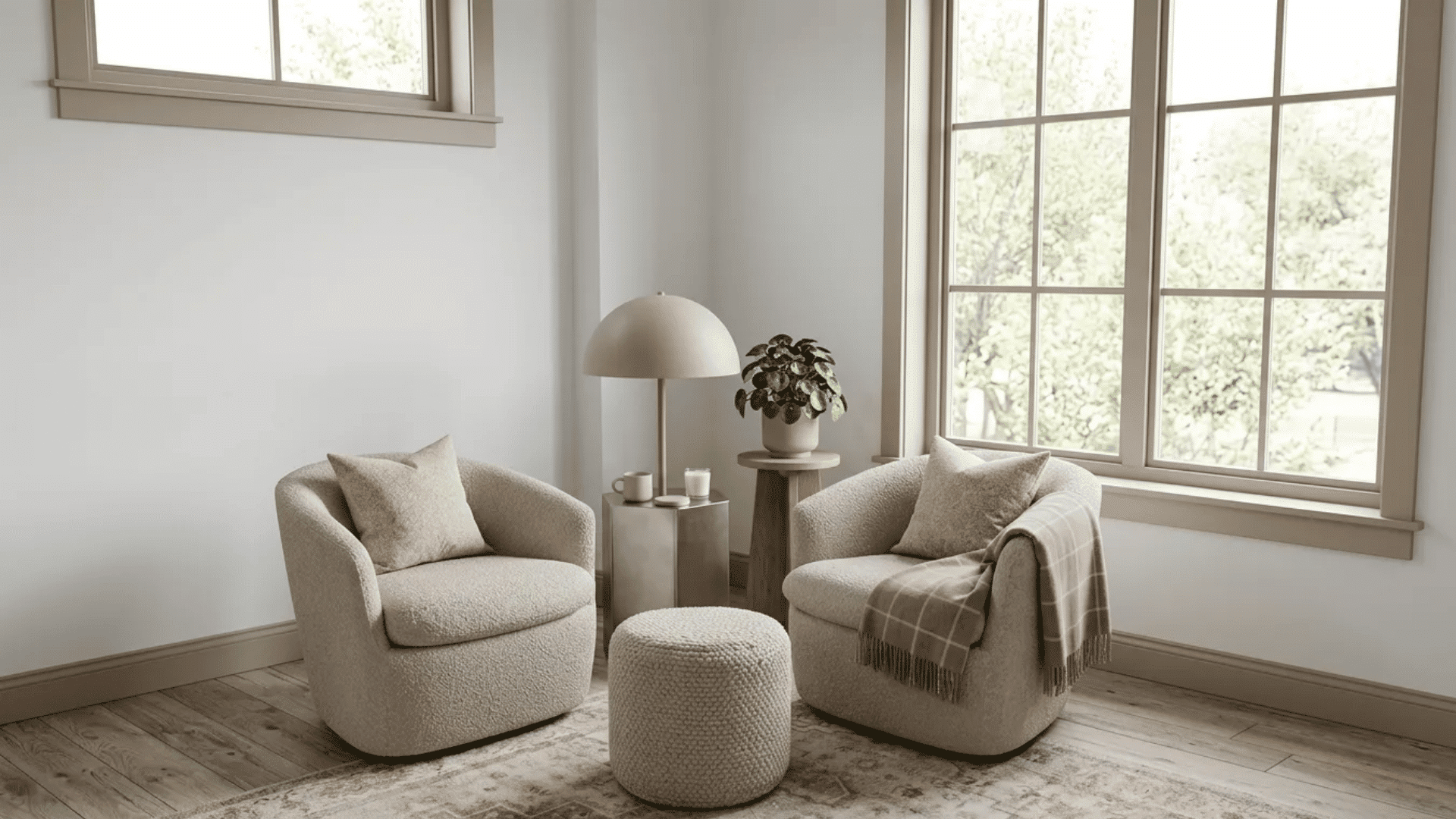 Cozy neutral modern design reading corner with curved accent chairs, soft textures, and warm natural light