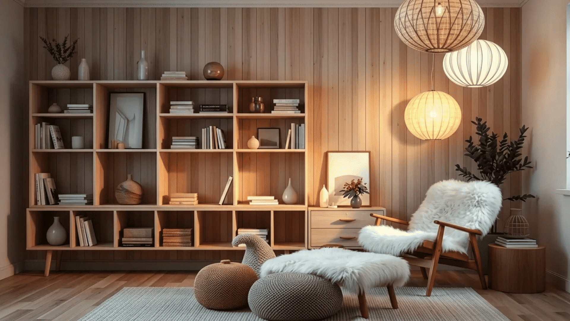 Cozy Scandinavian-inspired interior with warm wood paneling, layered textures, soft ambient lighting, and minimalist decor creating a calm and inviting atmosphere.