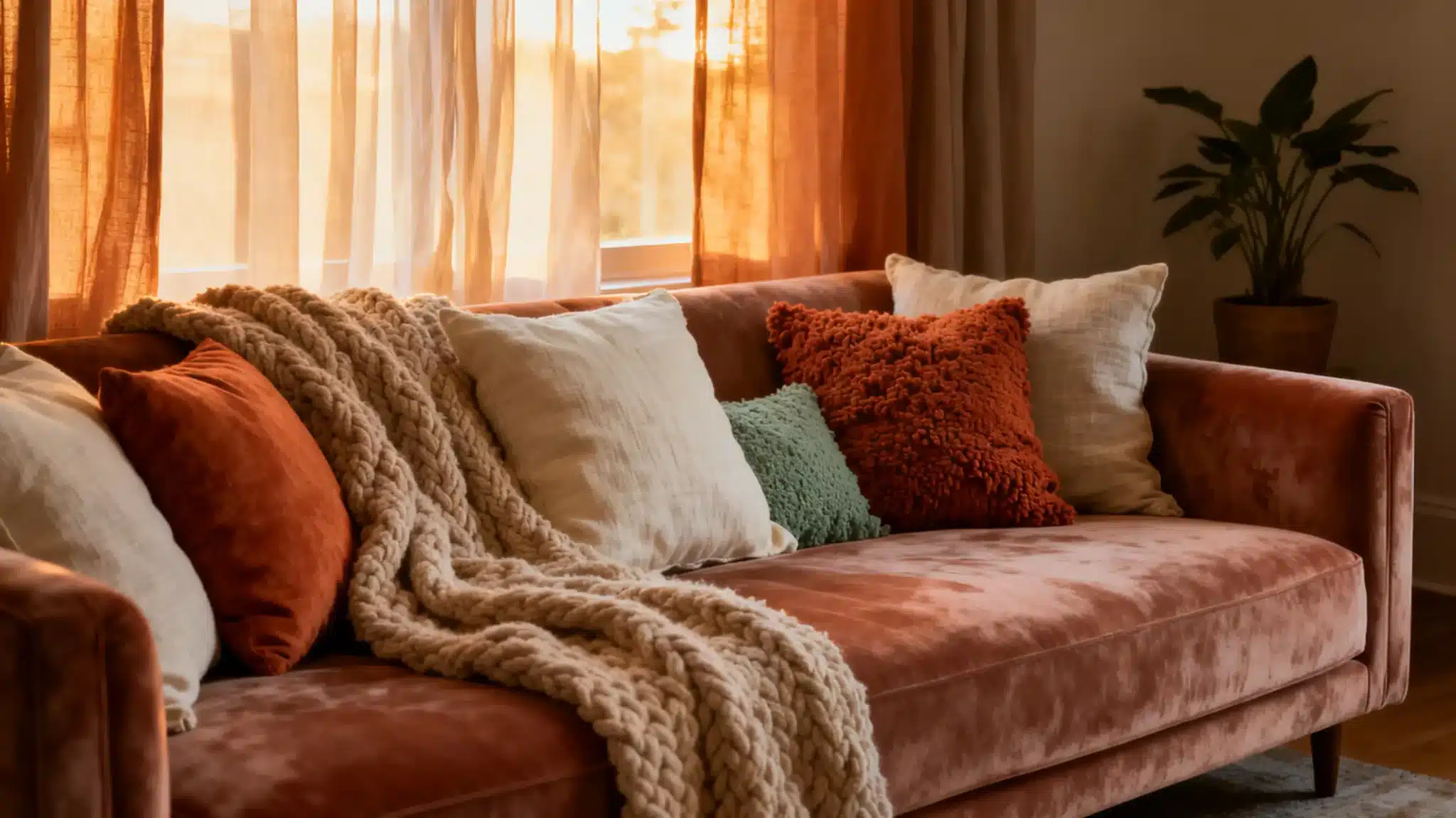 Velvet sofa with textured pillows and knitted throw in a sunlit living room