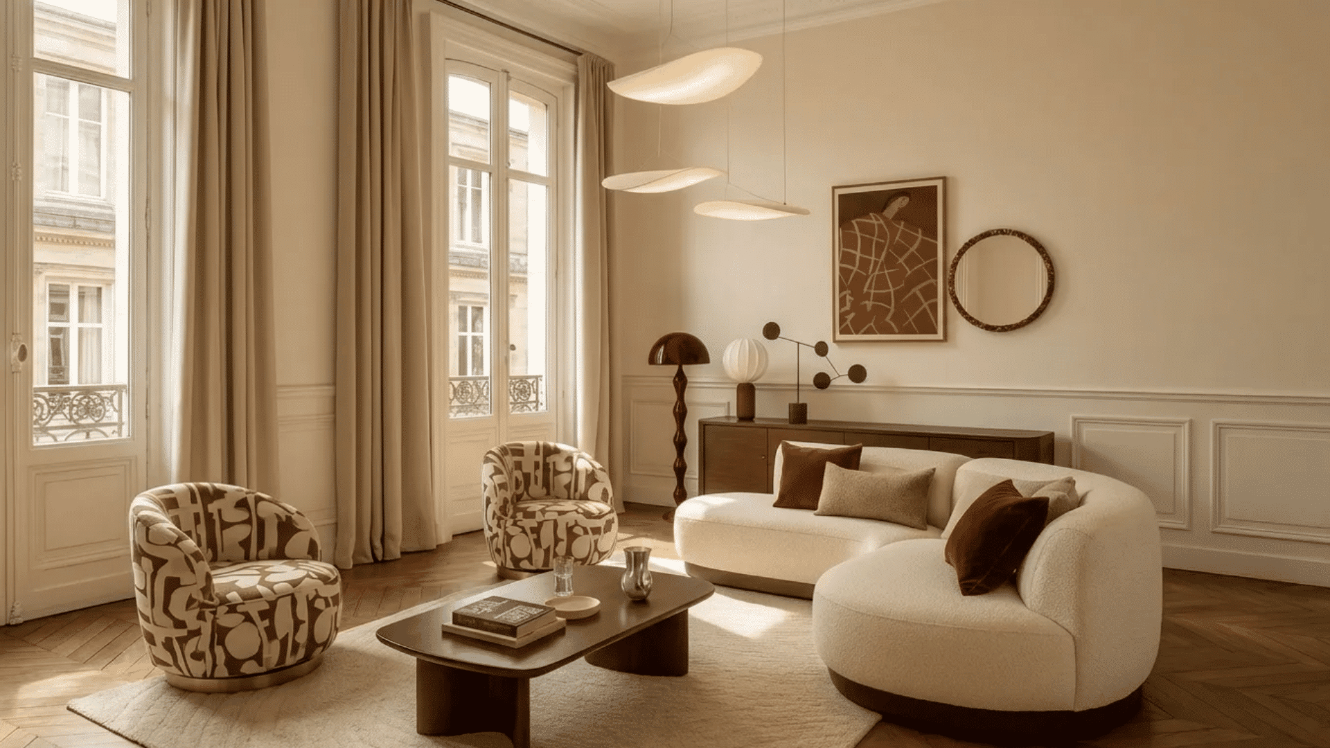 Elegant apartment living room with curved furniture, warm neutral tones, soft lighting, and modern décor that creates a cozy yet refined atmosphere.
