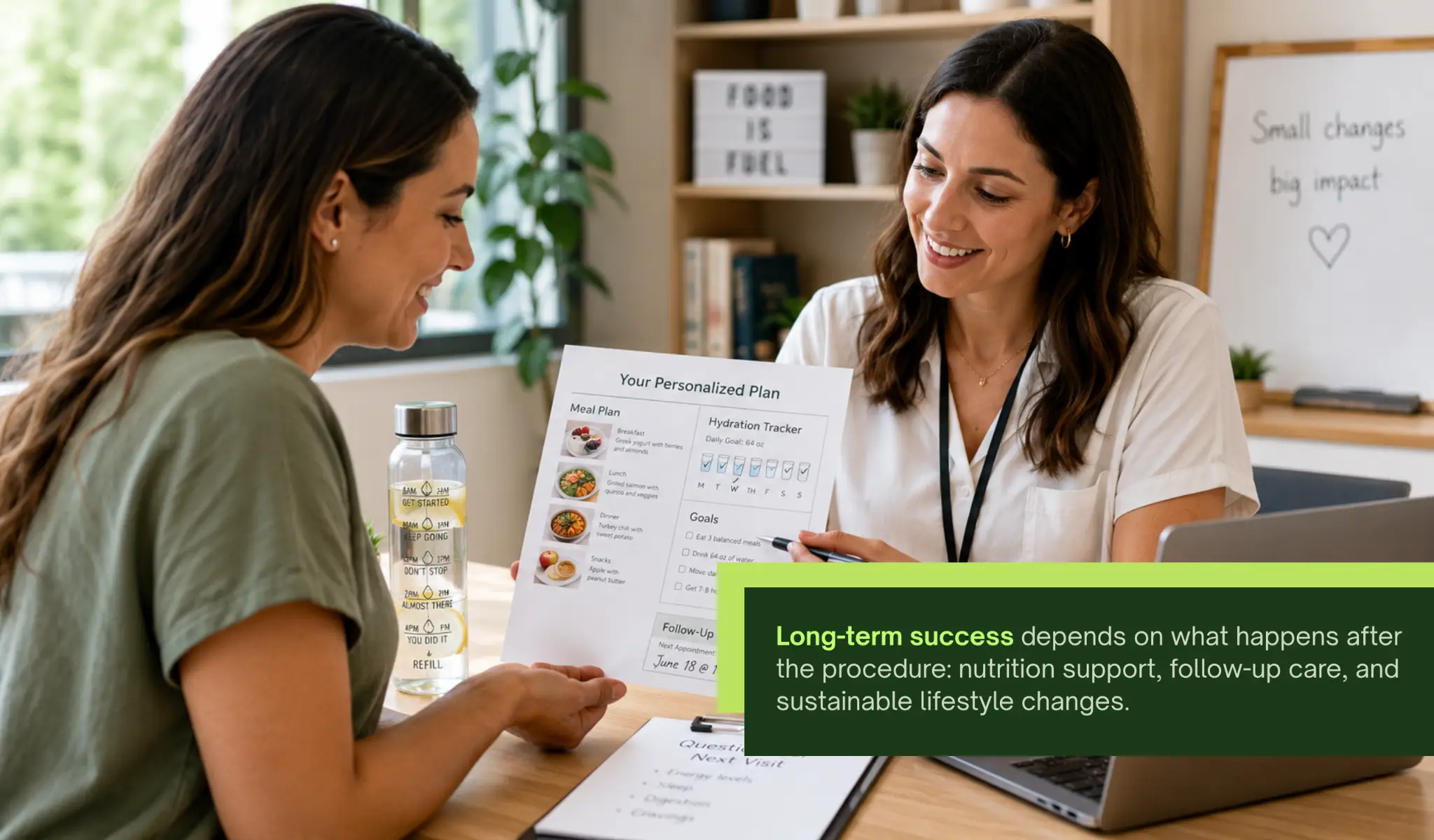 Two women discussing a nutrition plan with hydration chart in a bright office setting