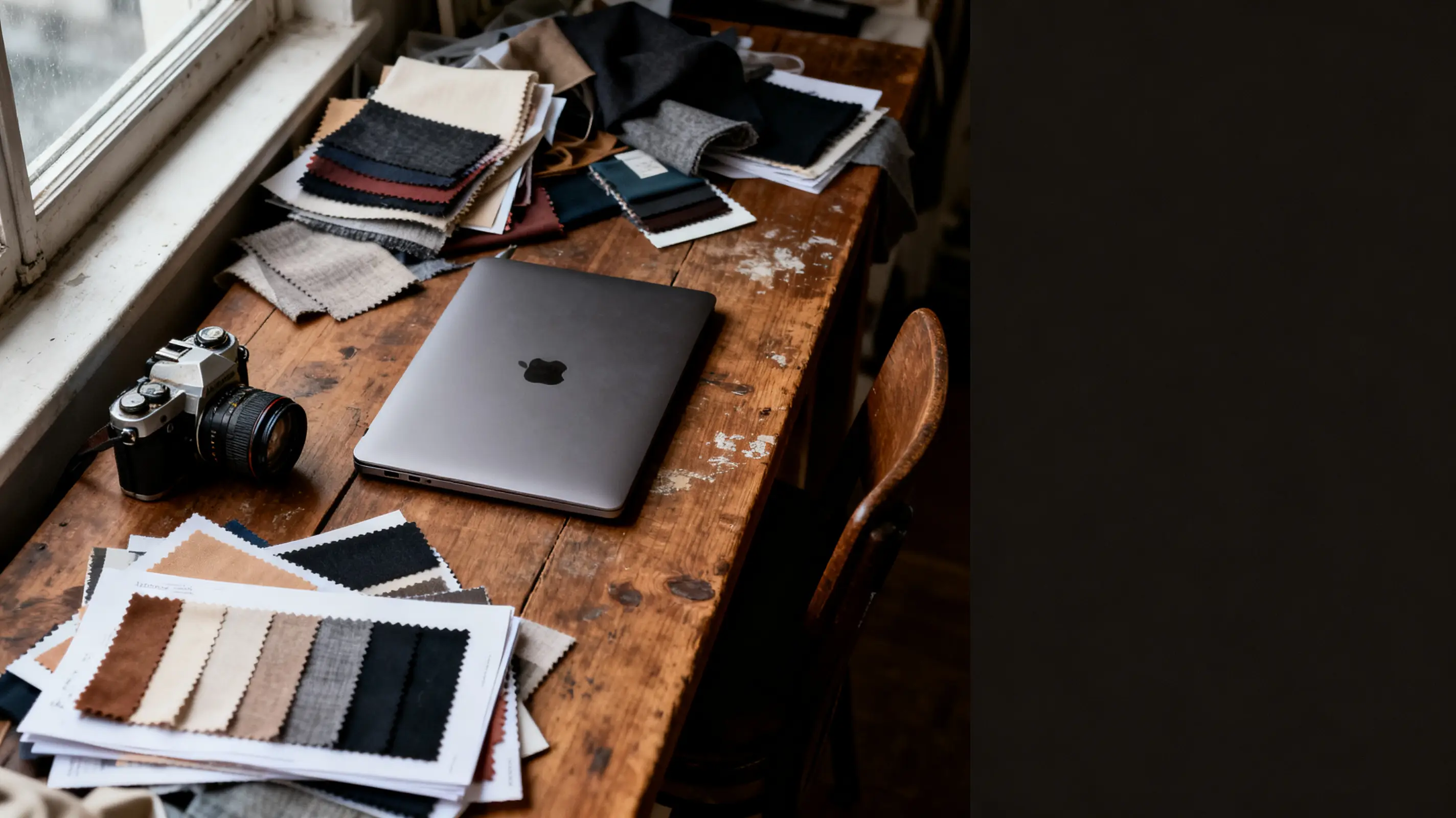 Laptop and vintage camera on wooden desk with fabric swatches in natural light