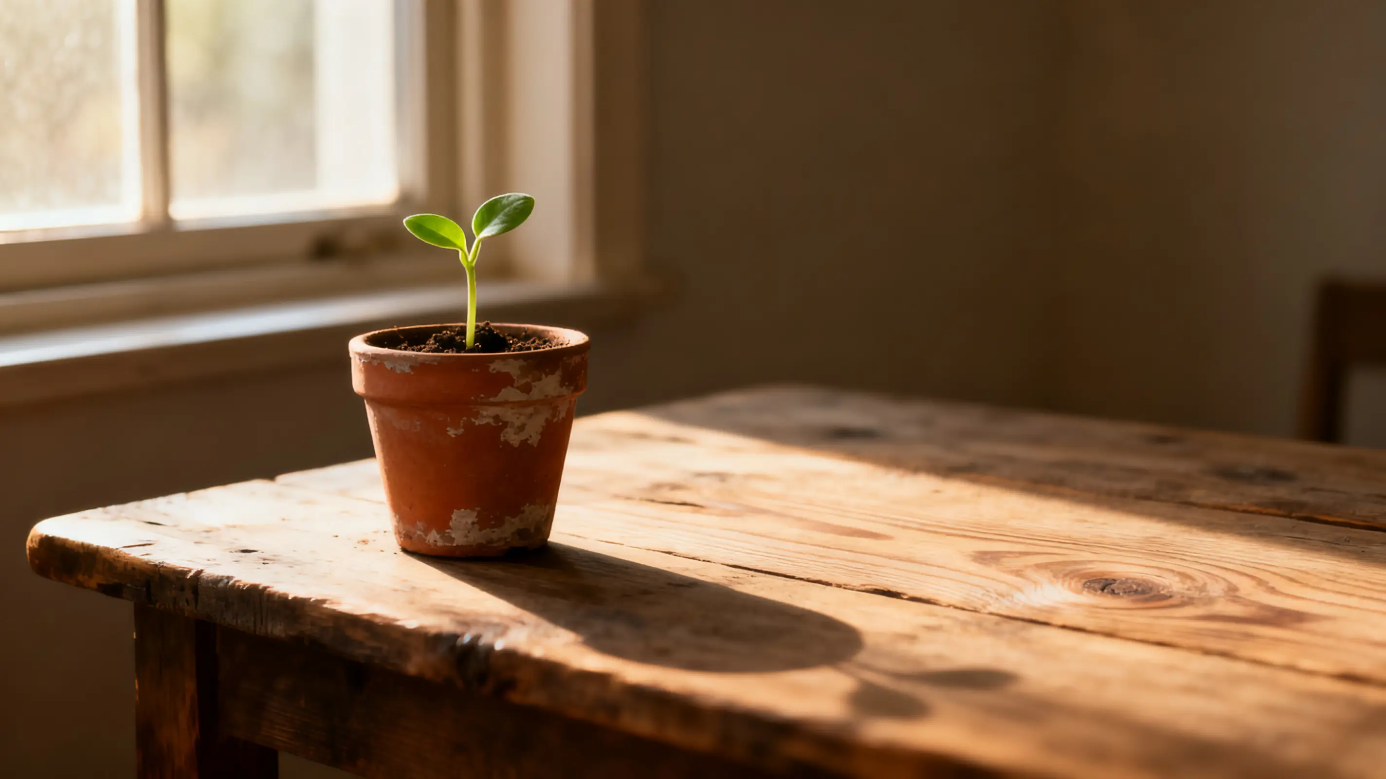 Sprouting plant in terracotta pot on wooden table in warm sunlight