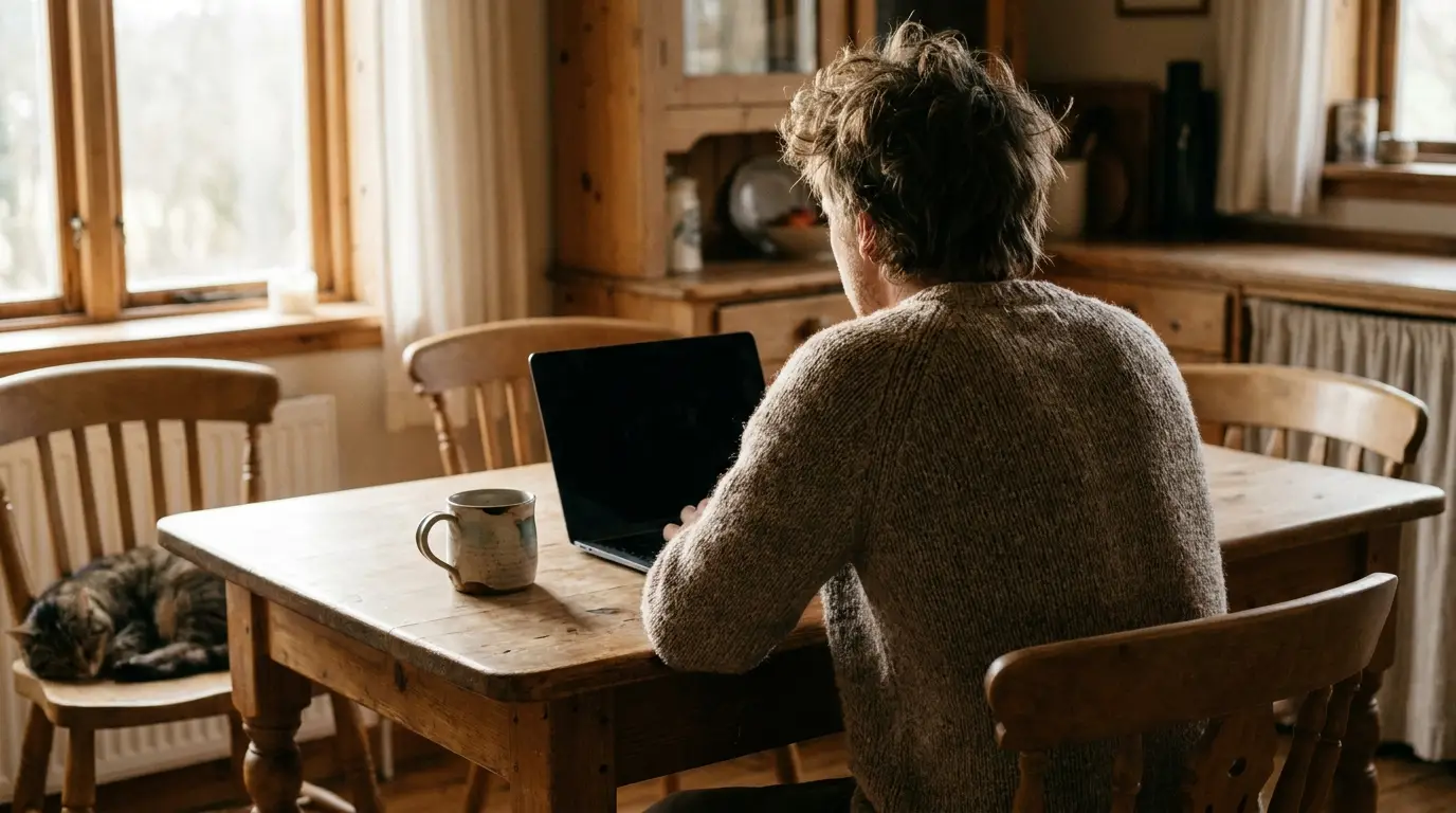 Man working on laptop at rustic wooden dining table with mug and sleeping cat