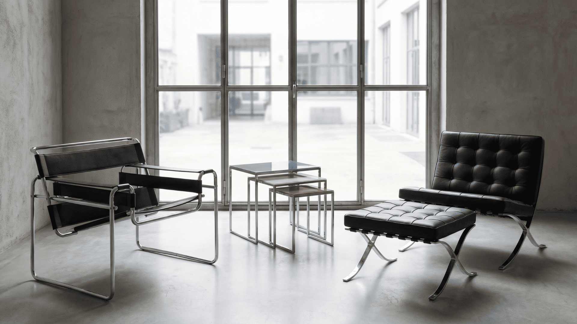 Room with Wassily Chair, Barcelona Chair, and Albers Nesting Tables showing functional Bauhaus furniture