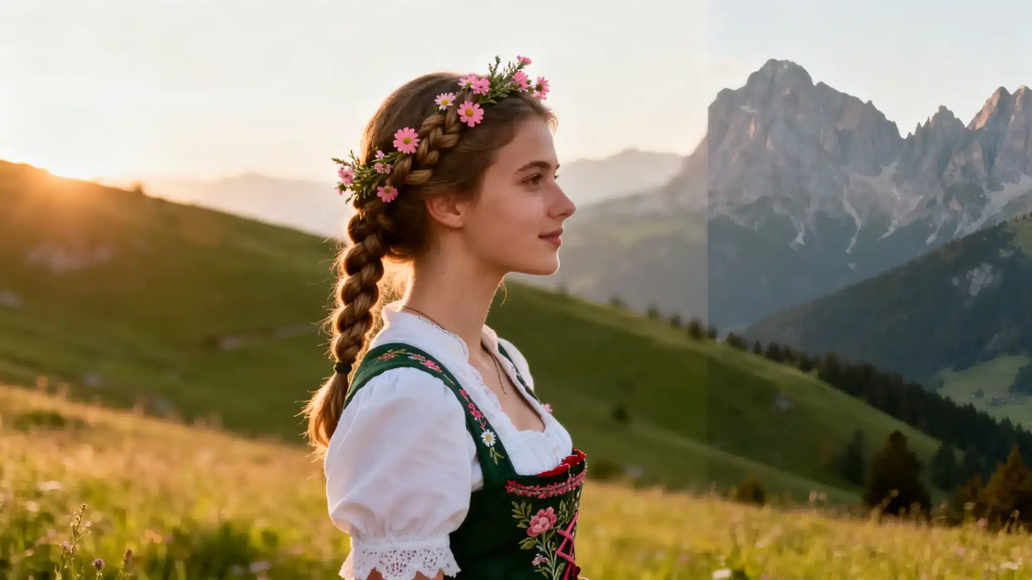 Young woman with floral braid in traditional dress standing in mountain meadow at sunset