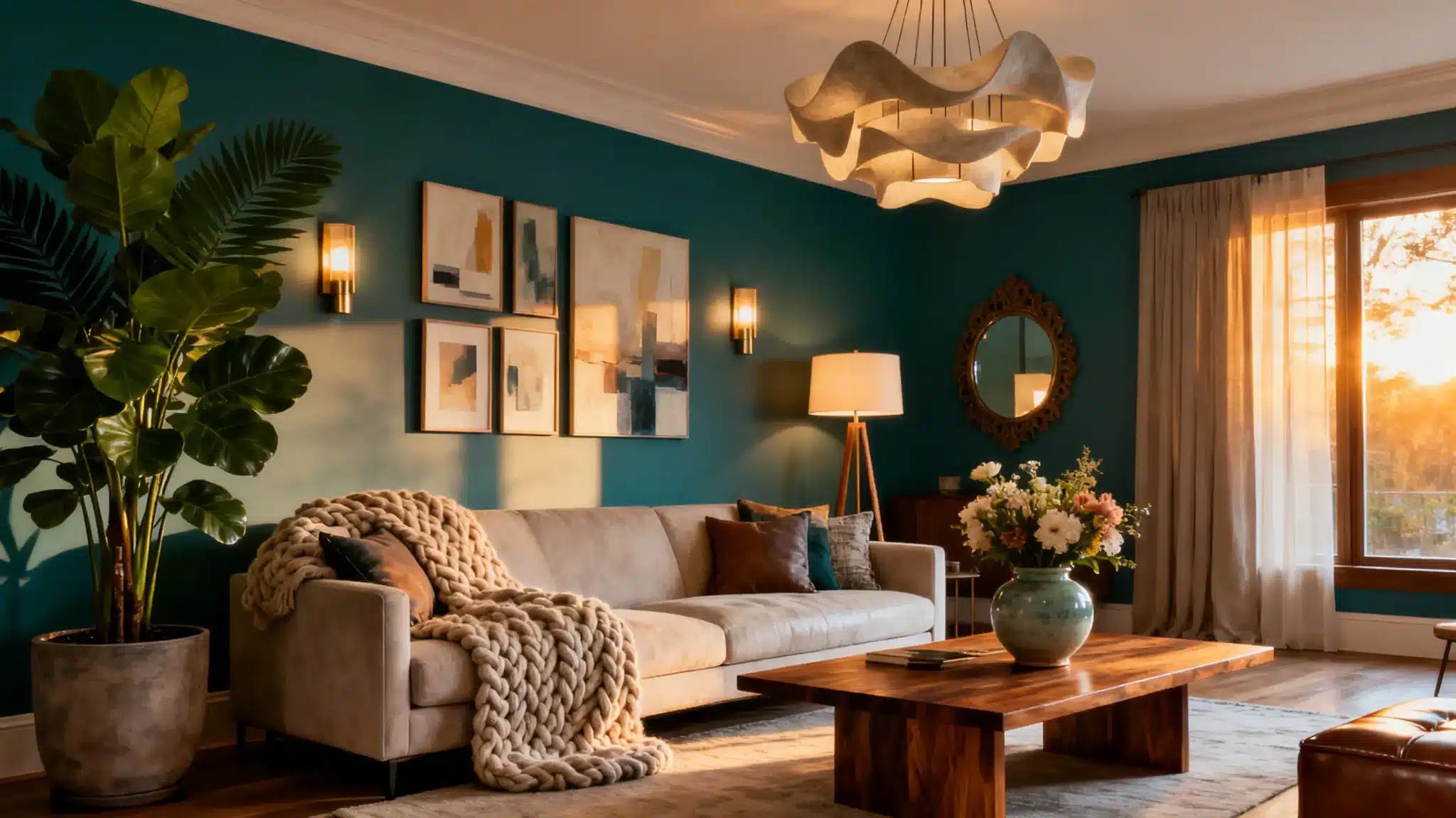 Cozy living room with beige sofa, teal wall, and wooden coffee table in warm sunlight