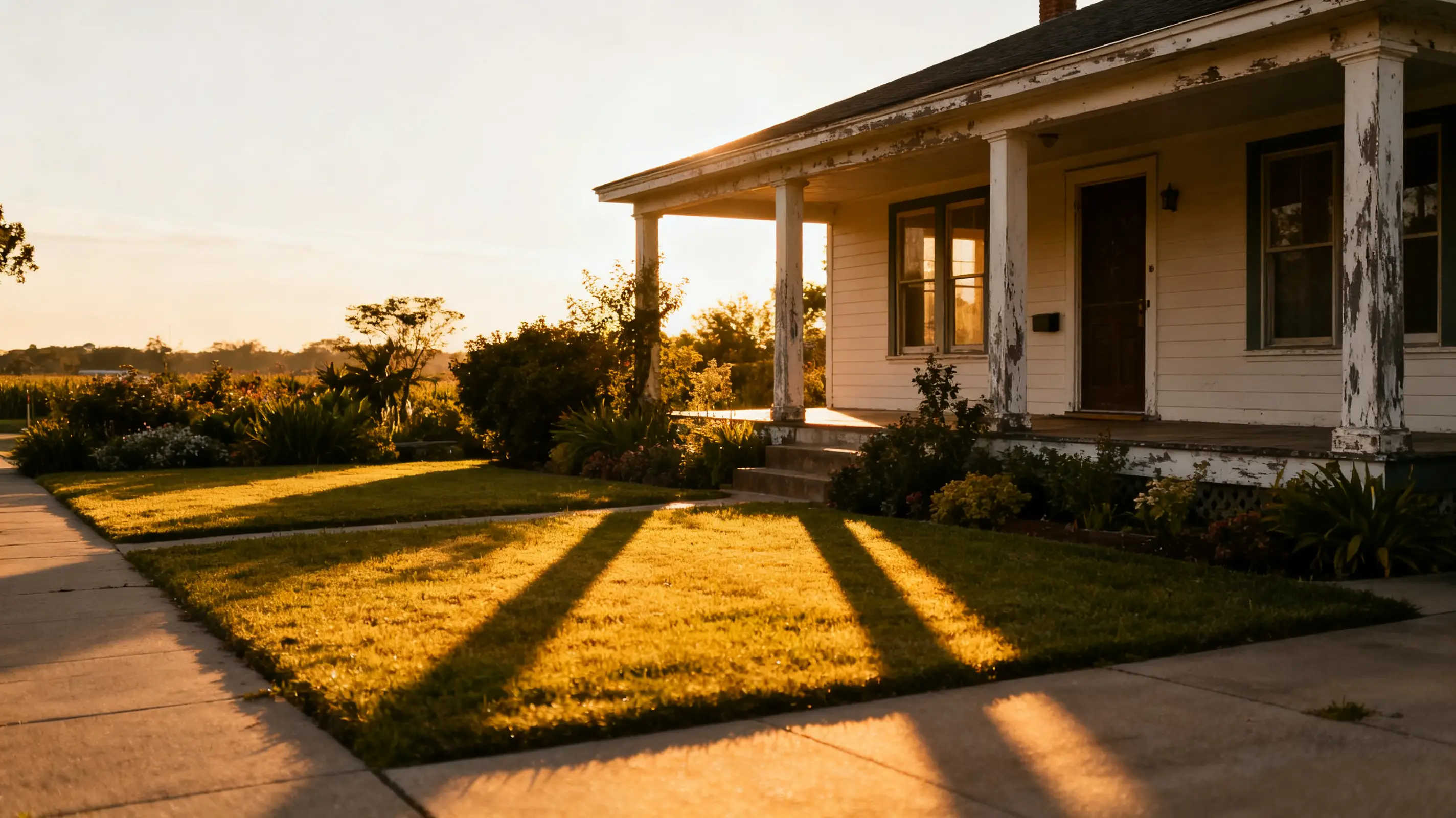White house with a porch and garden in warm sunset light