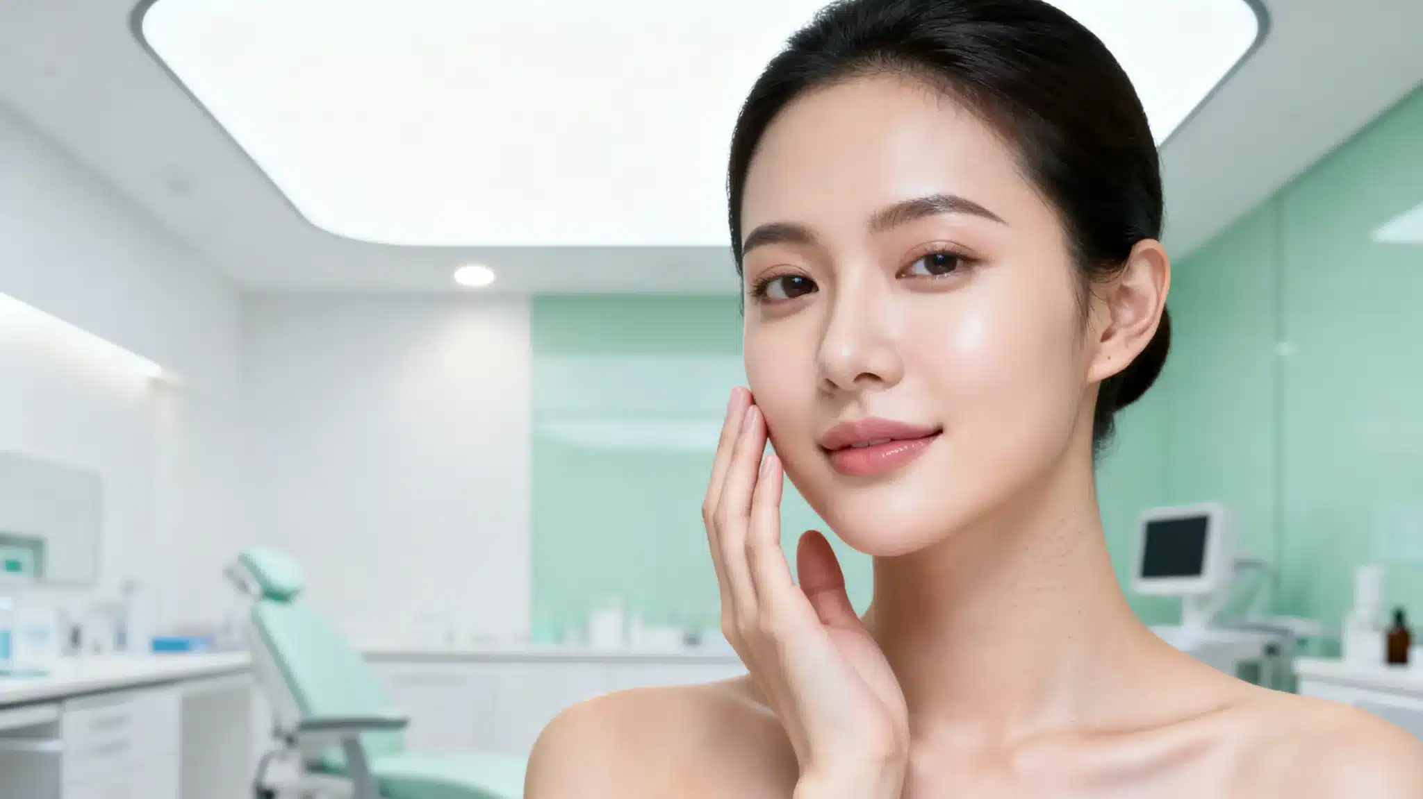Young woman with flawless skin touching face in modern clinical setting