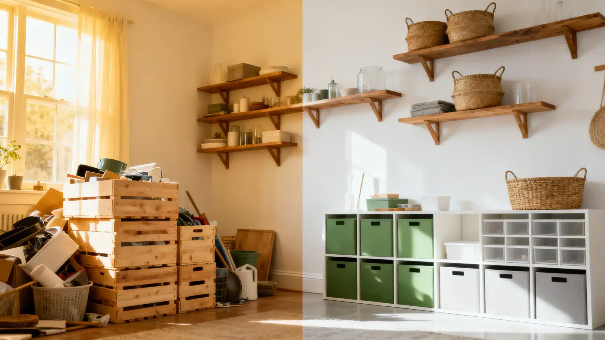 Cluttered room with wooden crates and shelves contrasted with organized storage bins and baskets