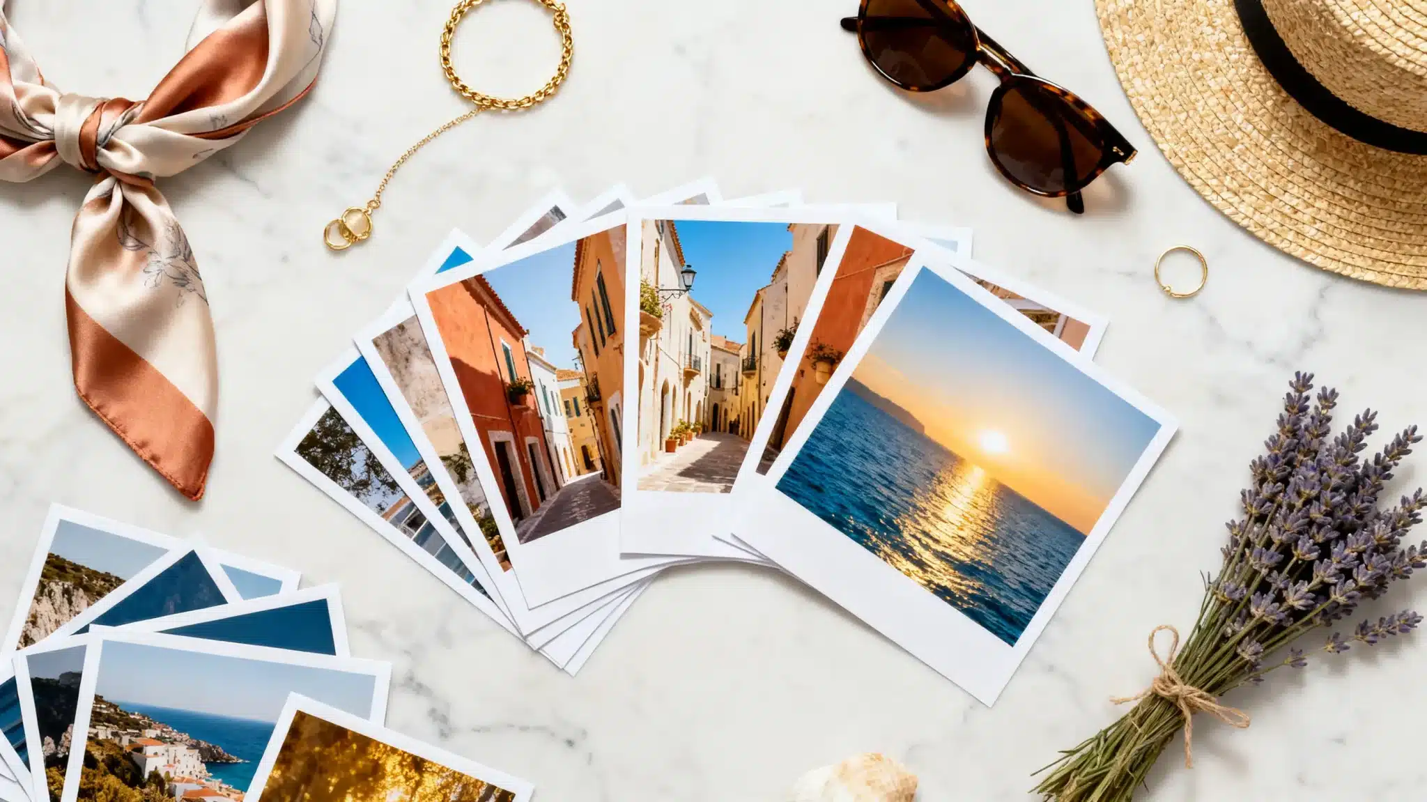 Travel photos with ocean and architecture on marble surface alongside sunglasses, straw hat, and lavender sprigs