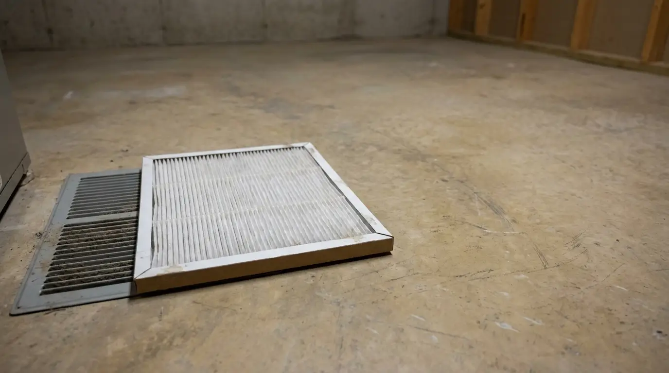 Air filter resting near vent on concrete floor in unfinished basement
