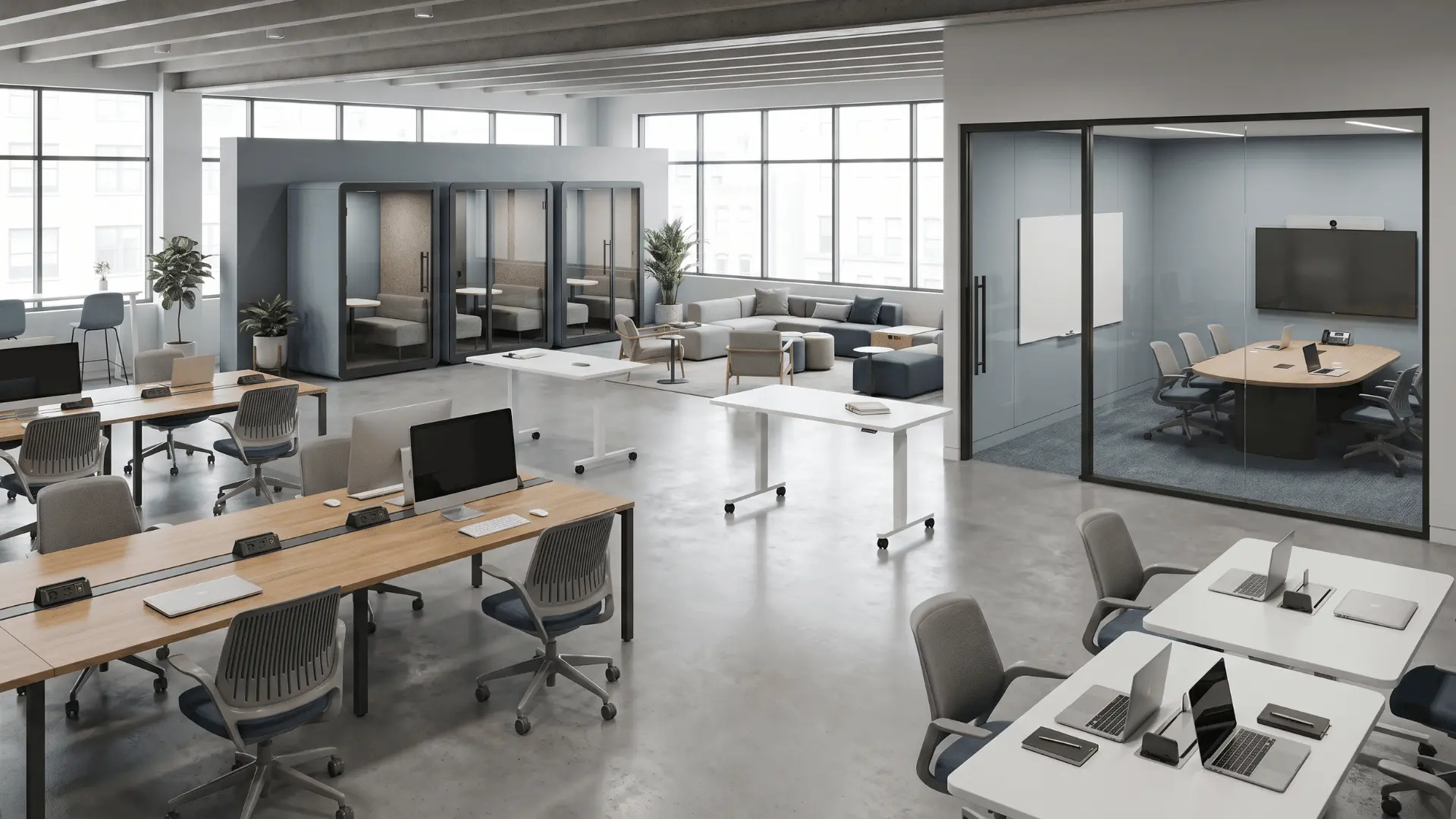 Hybrid office with hot desks, phone booths, meeting room, and collaborative seating areas.