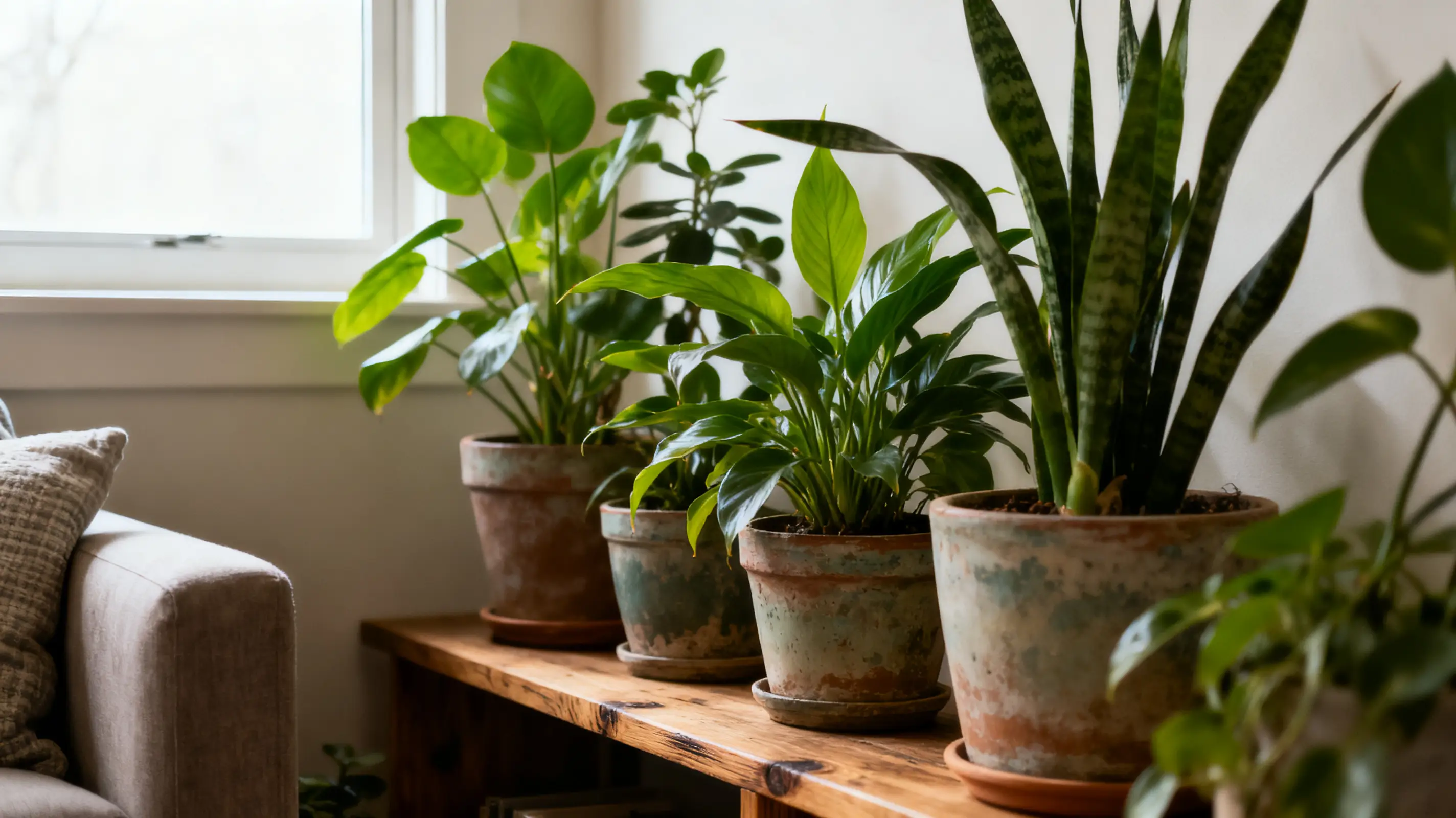 Potted houseplants on wooden shelf near window in cozy living room setting