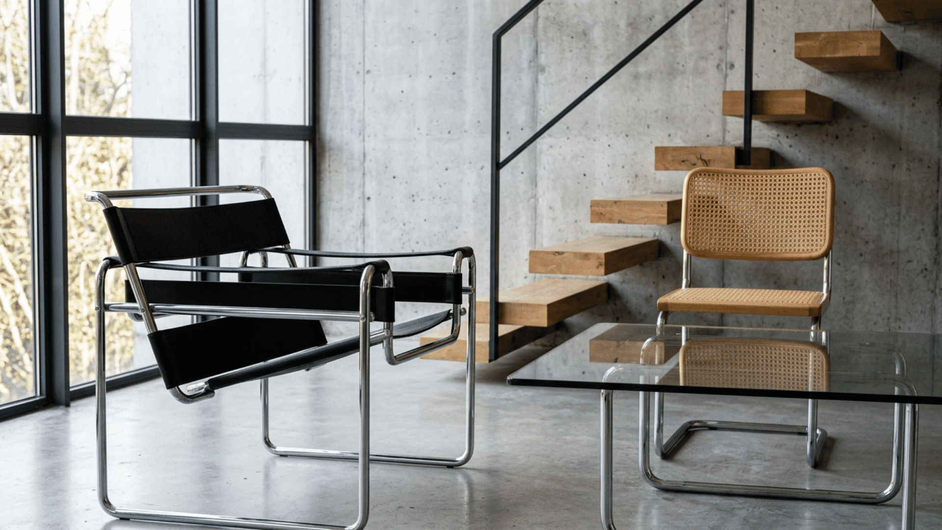 Bauhaus furniture and room elements showing steel, chrome, glass, concrete, and wood materials