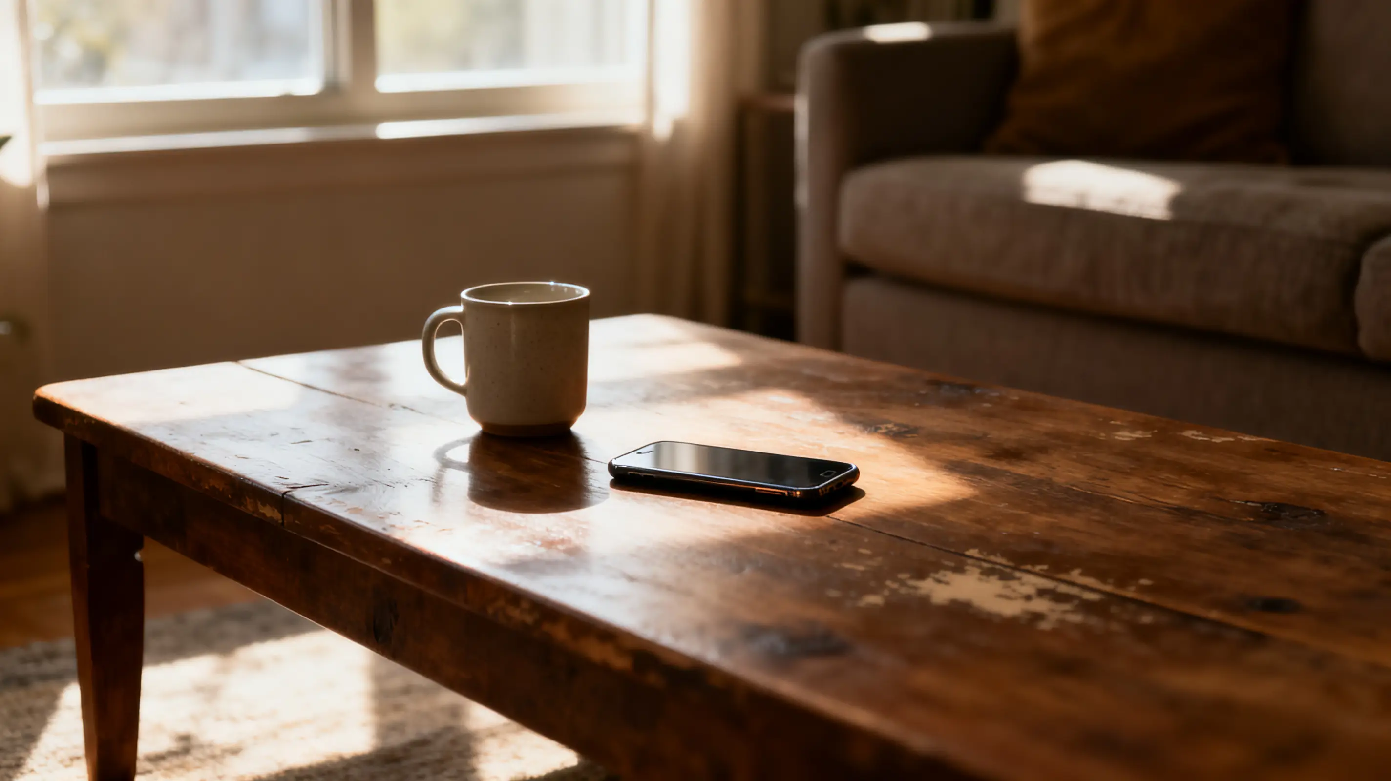 Ceramic mug and smartphone on rustic coffee table in sunlit living room