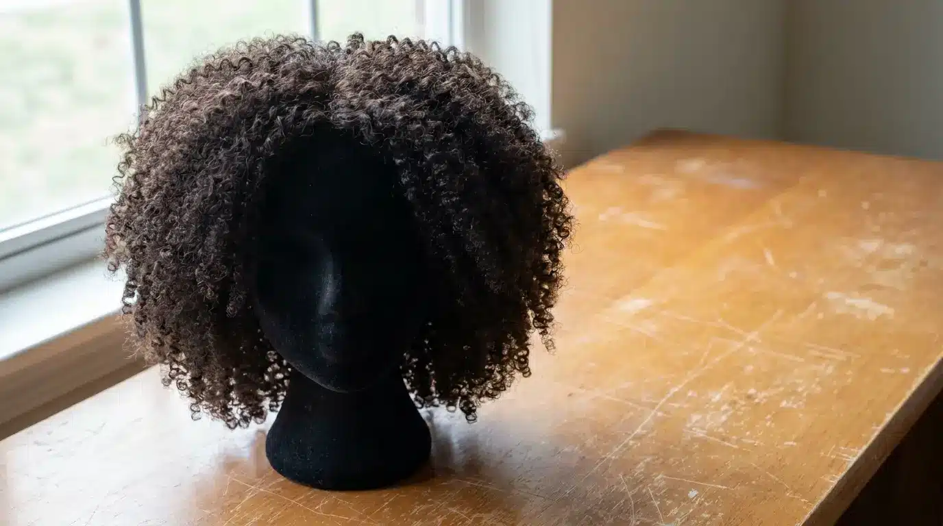 Brown curly wig on black mannequin head placed on scratched wooden table next to window