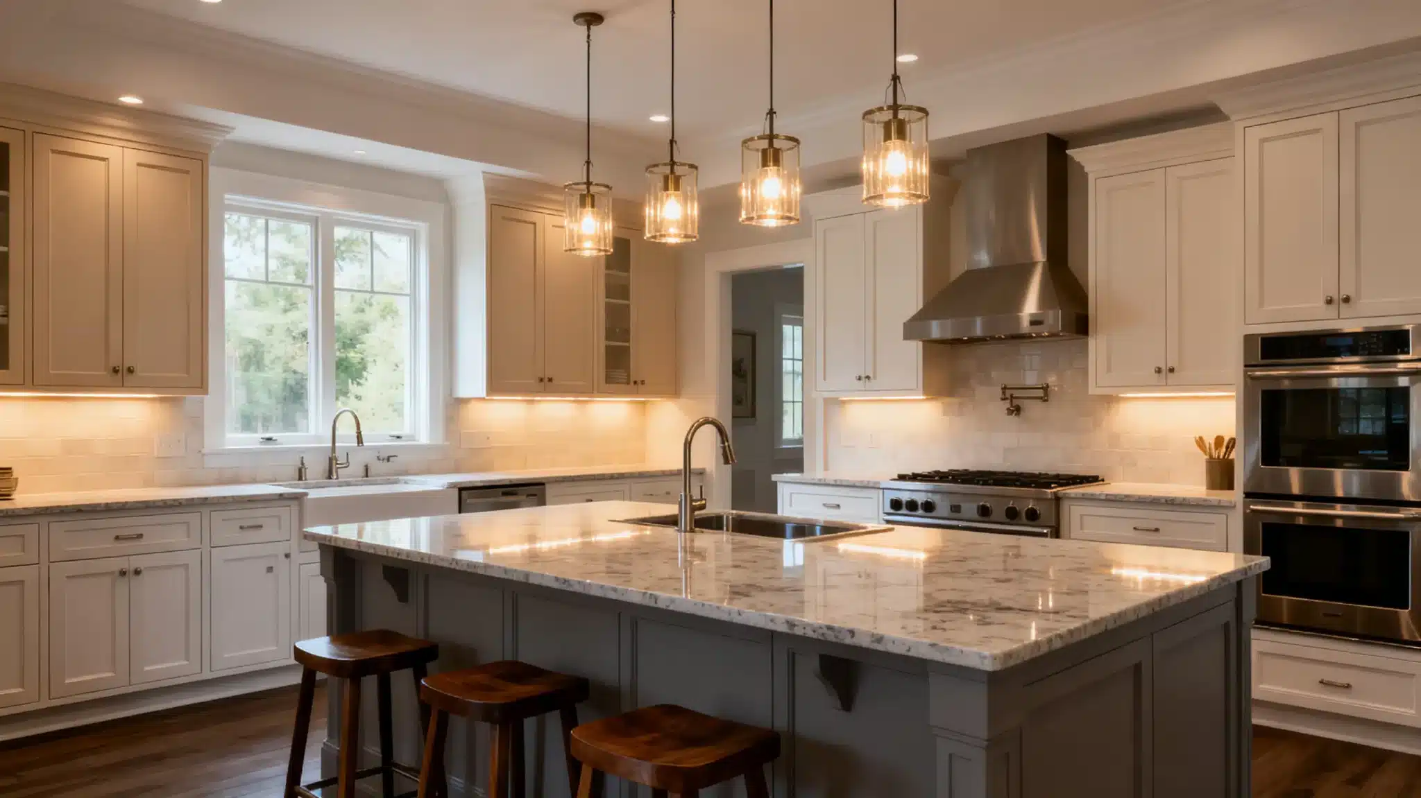 Modern kitchen with marble countertop and stainless steel appliances under warm pendant lighting
