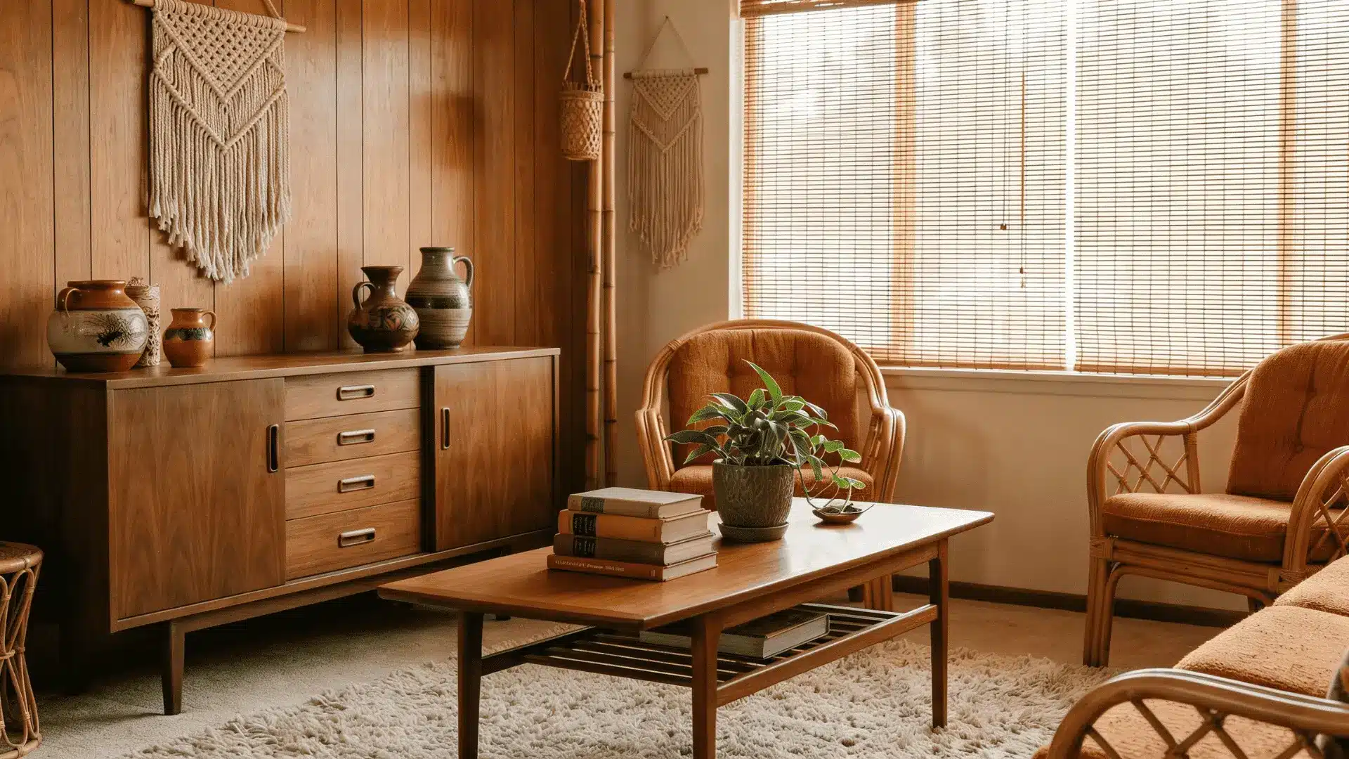 Living room with walnut furniture, wood paneling, and natural materials like rattan and bamboo in 70s style