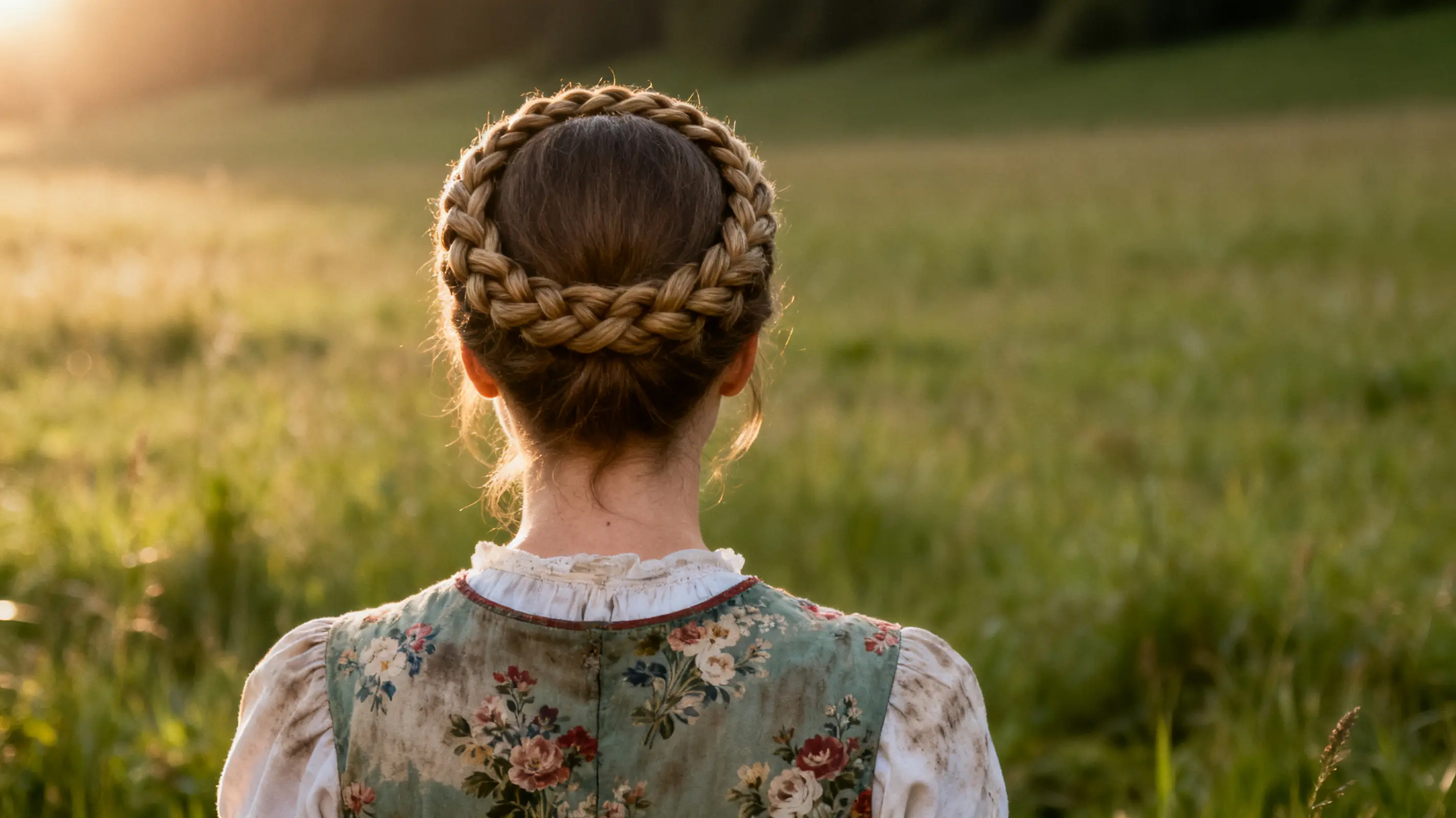 Back view of woman with braided hairstyle in floral dress standing in sunny field