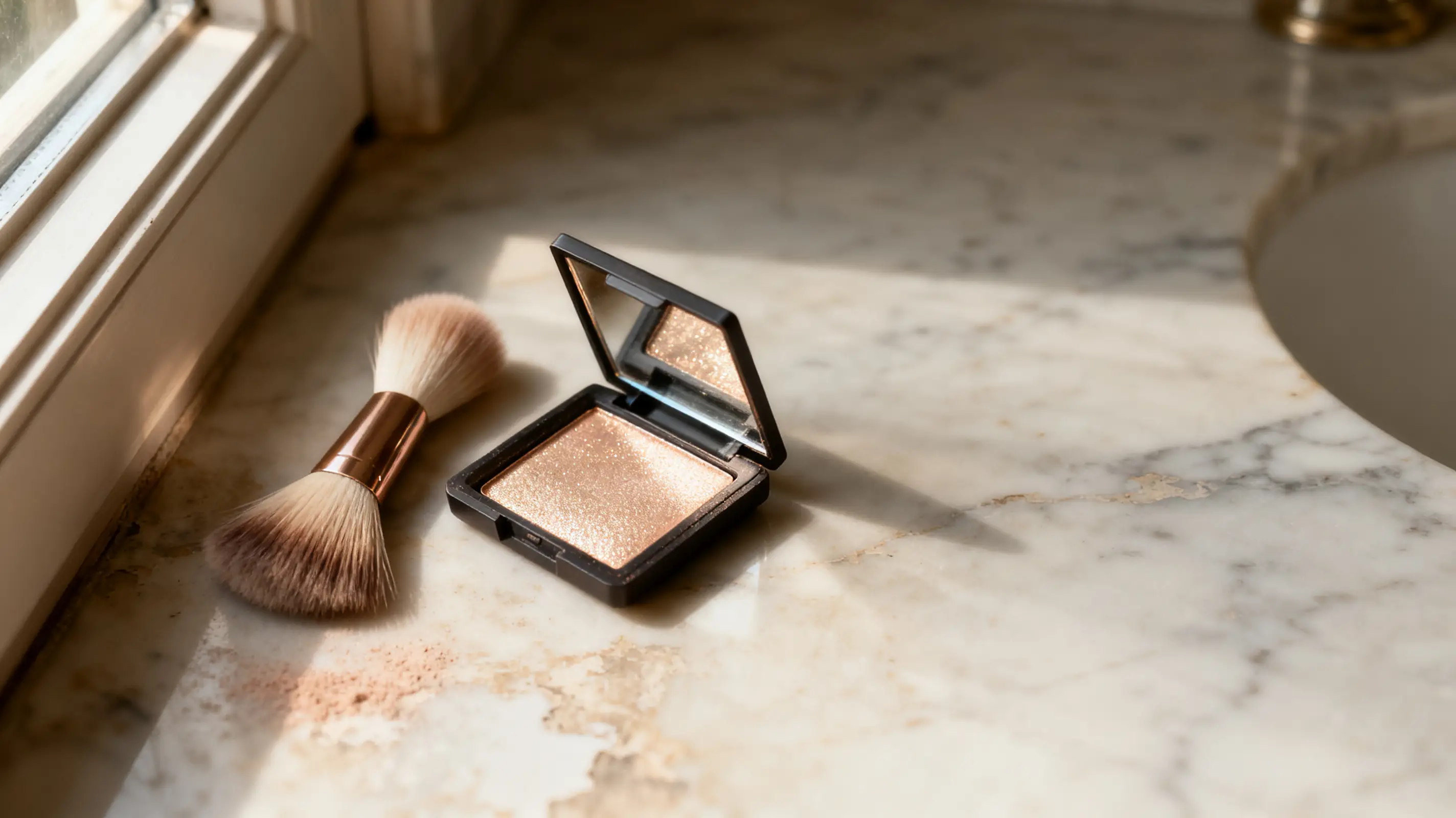 Makeup compact with shimmering powder and brush on marble countertop in sunlight